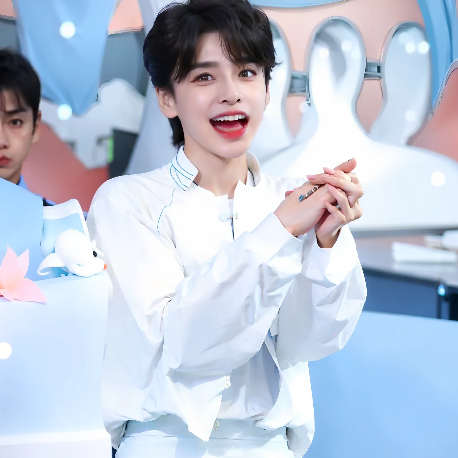 An Alafi man in a white shirt and white pants holds a microphone, Cai Xukun, Shin Jinying, Inspired by Bian Shoumin, jinyoung shin aesthetic, young wan angel, Kim Do-young, drak, heise jinyao, wan adorable korean face, yanjun cheng, bladee from drain gang, background is heavenly, shaxi, hyung tae --auto