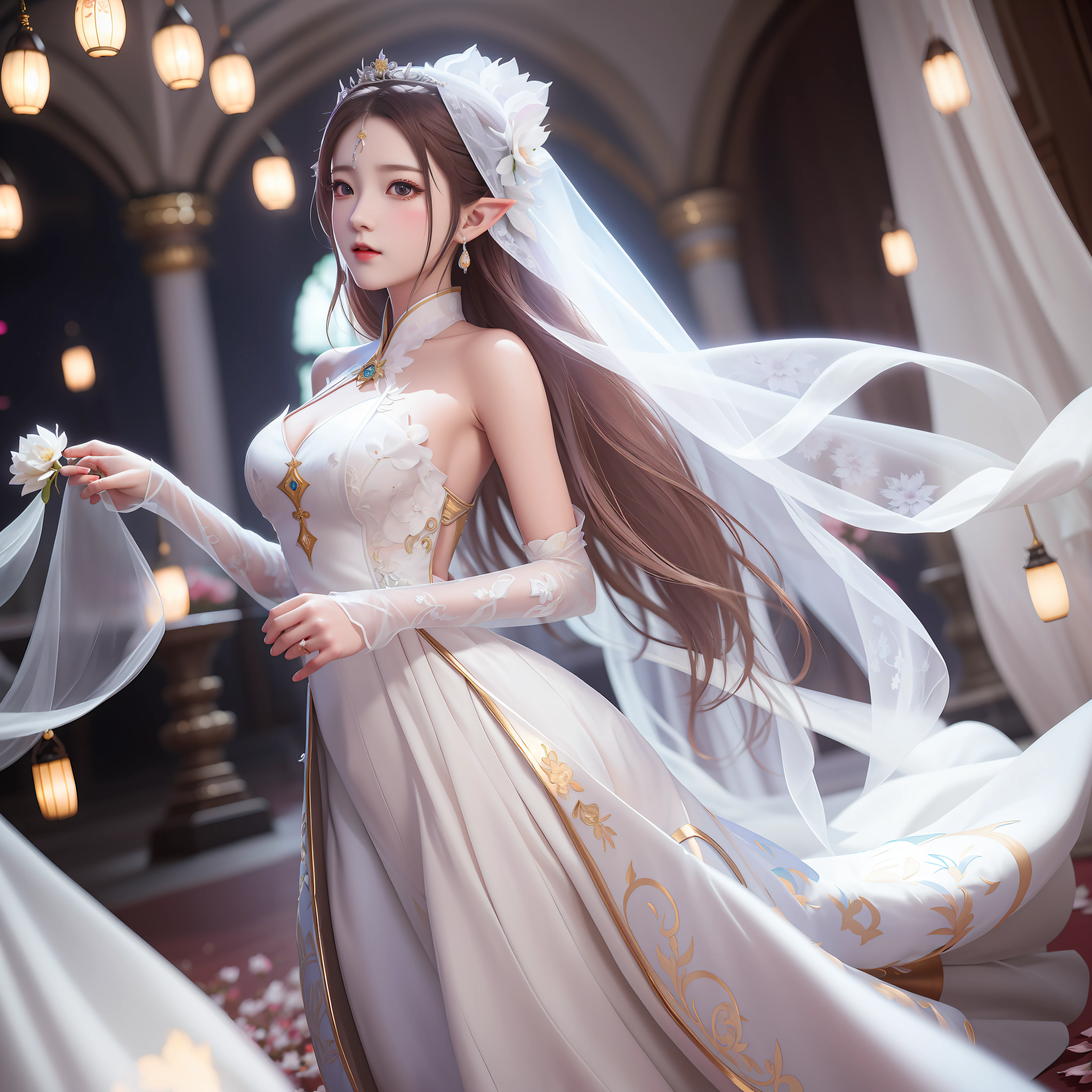 Anime - Stylistic image of a woman holding flowers in a wedding dress, elegant cinematic pose, Palace ， A girl in Hanfu, trending on cgstation, beautiful and elegant elf queen, WLOP and Sakimichan, 8K high quality detailed art, Guviz-style artwork, Fanart Meilleure ArtStation, a beautiful fantasy empress