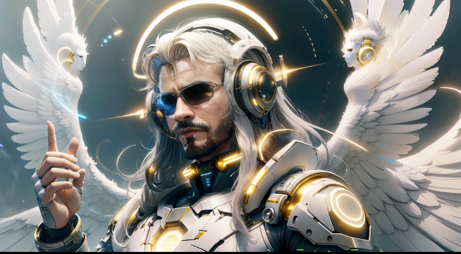 blessedtech , holy aura , scifi,angelic,
man, gigachad,