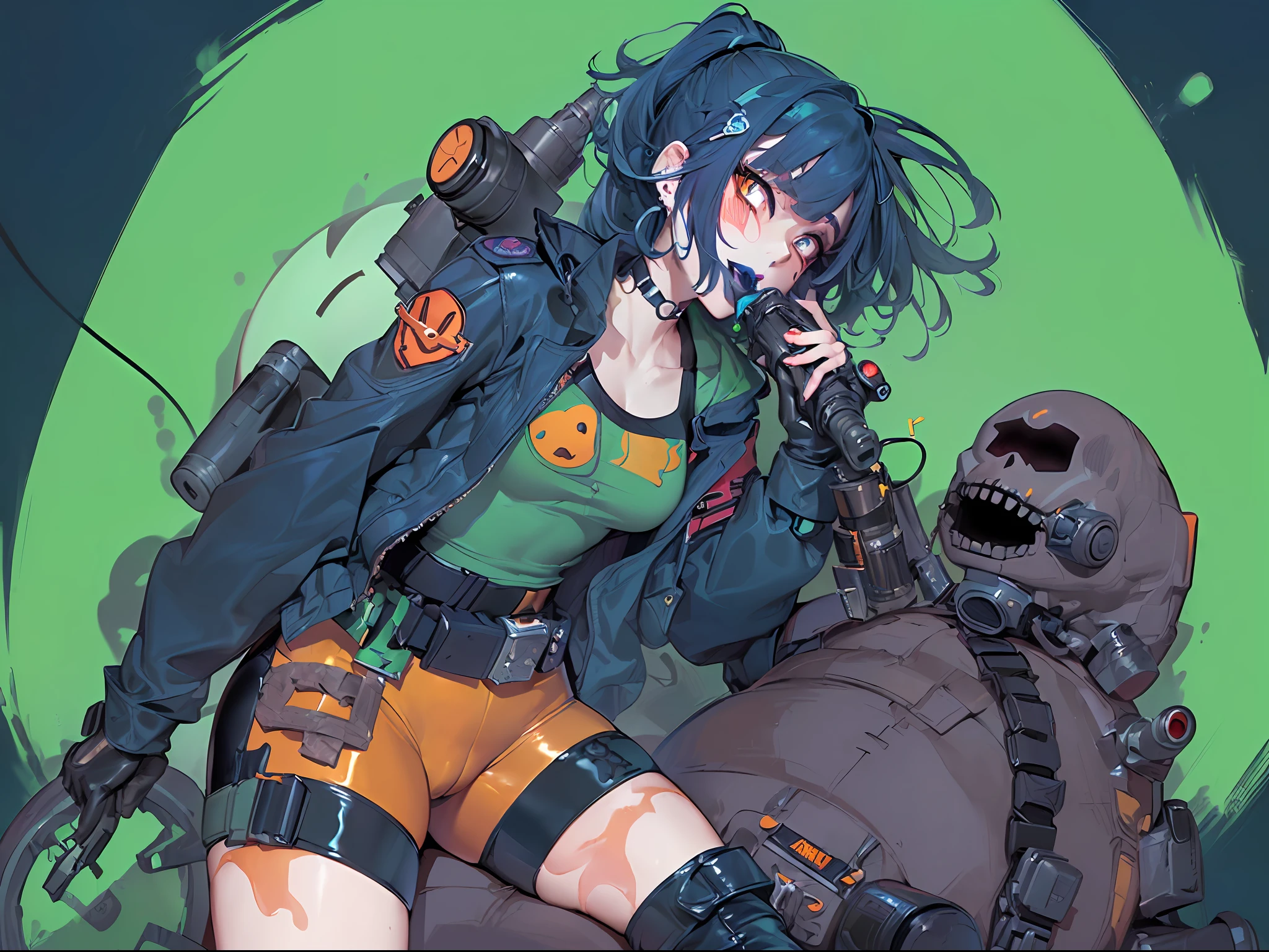 (masterpiece), best quality, expressive eyes, perfect face, ((Kylie Griffin from Extreme Ghostbusters cartoon)), ((Kylie Griffin)), (pale skin, eyeshadow, goth makeup), with monster ghost, ghost small short , ((ghost, (ghostbusters), ((ghostbusters patch on shoulder)), slender figure, (slim fit legs), small breasts, protruding, orange shoulder pads, proton pack on back, full body, (ahegao), very messy dark blue hair medium length, (dark blue lipstick), ankh earrings, proton gun, (brown kneepads, black steeltoe boots, black latex bike shorts), random suggestive pose, cameltoe, delight expression