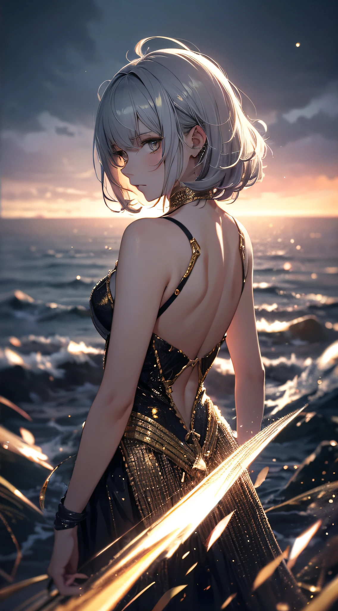 1girll, Gold and silver tones, Sky background, Haute couture clothing, Striped hair, Messy hair, Raised eyebrows, Mad eyes, crazy,, Tilted view,Chiaroscuro, Cinematic lighting, Motion blur, Sparkle, microscopic view，back lit lighting, Masterpiece, Best quality, Masterpiece, 4K --auto