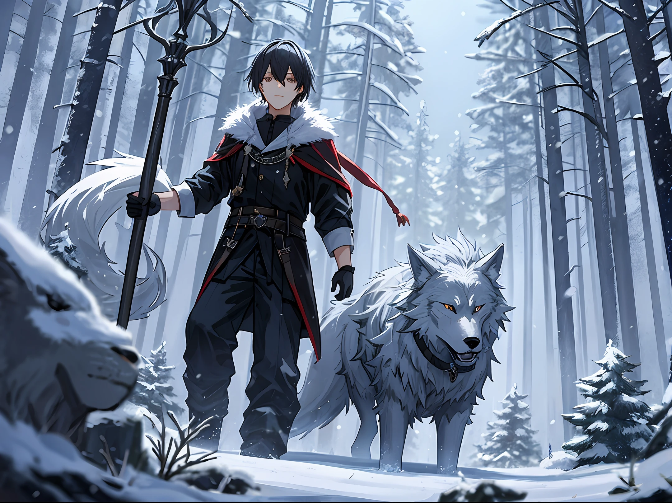 Dark Night Pine Forest Snow White Werewolf Holding pine carving、Staff embedded with crystal Realism