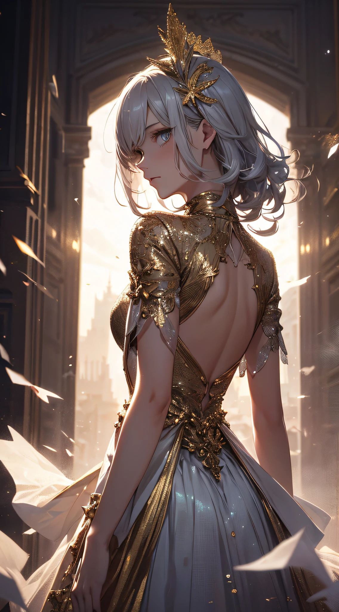 1girll, Gold and silver tones, Sky background, Haute couture clothing, Striped hair, Messy hair, Raised eyebrows, Mad eyes, crazy,, Tilted view,Chiaroscuro, Cinematic lighting, Motion blur, Sparkle, microscopic view,back lit lighting, Masterpiece, Best quality, Masterpiece, 4K --auto