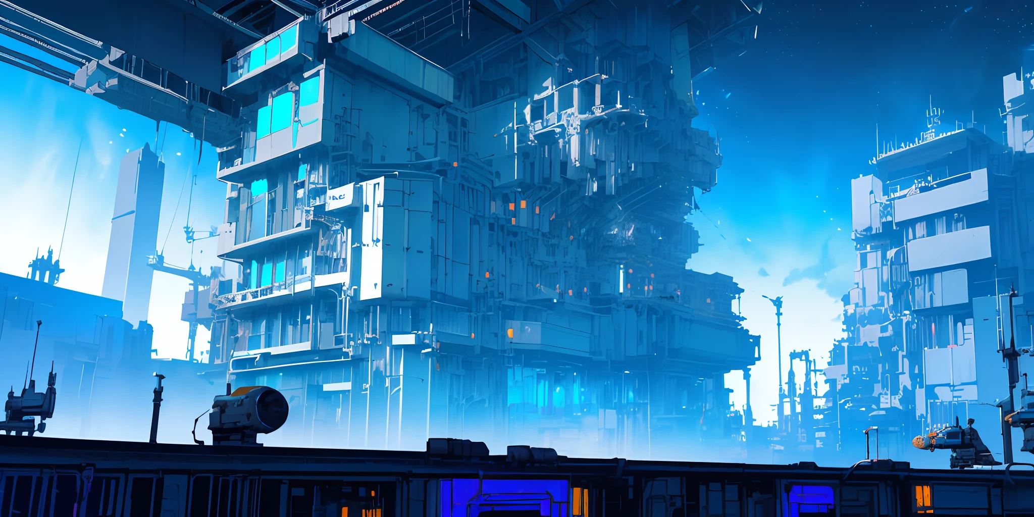 Mechanical construction,(Mechanically constructed buildings:1.4),((Mechanical room)),(Pipes connected to the house),((The mechanical spine is attached to the roof)),Future science fiction,Interstellar ,the city street,Blue light,sci-fy