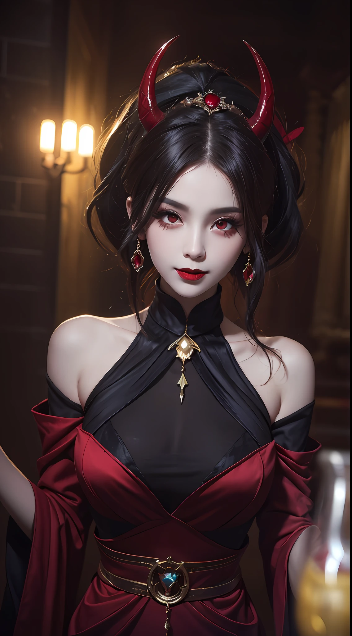 1 beautiful devil woman from hell, In the Dark: 1.6), surreal female portrait by David Hockney and Alphonse Mucha, fantasy art, korea doll, photorealism, dynamic lighting, artstation, poster, volumetric lighting, very detailed faces, 8k ultra, Awarded, in the dark, deep shadow, low key, cowboy lens, (Red phoenix dress: 1.4), long hair, black hair, bust, luxurious palace, Royal style, devil crown, red eyes make up very sharp and detailed, The most beautiful face, The breasts are very big and round and round, Super realistic, chinese women's clothing, polo neck sweater, Charming smile, The eyes are very well made up, guweiz, devil style, wearing black mesh socks, Ponytail with a bow tied at the back of the hair, Red black lips, Devil tattoo on shoulder, wearing a thin red and black robe, the landscape is overcast and thunderous, (Portrait), Close-up of the main character, (Background details 1.8),