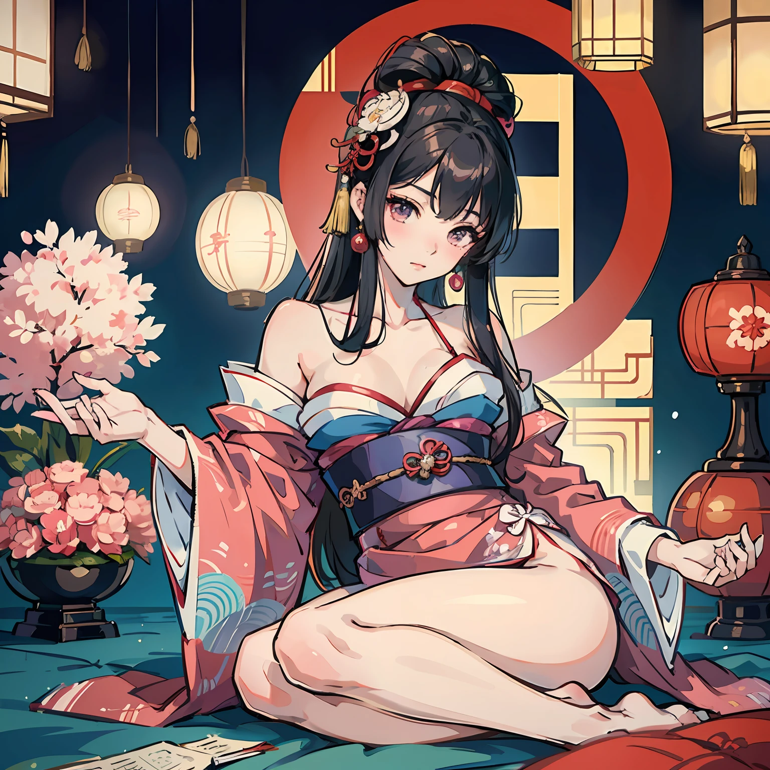 An allafed Asian woman in a kimono sits on a stool in the room, Japanese goddess, Anime girl cosplay, japanese fantasy, komono, seductive anime girls, of a youthful japanese girl, Traditional beauty, cosplay, Japanese model, Realistic young gravure idol, traditional japanese, Chinese girl, Palace , A girl in Hanfu, of a youthful japanese beauty,No panties and bras,Raised sexy,nakeness --auto
