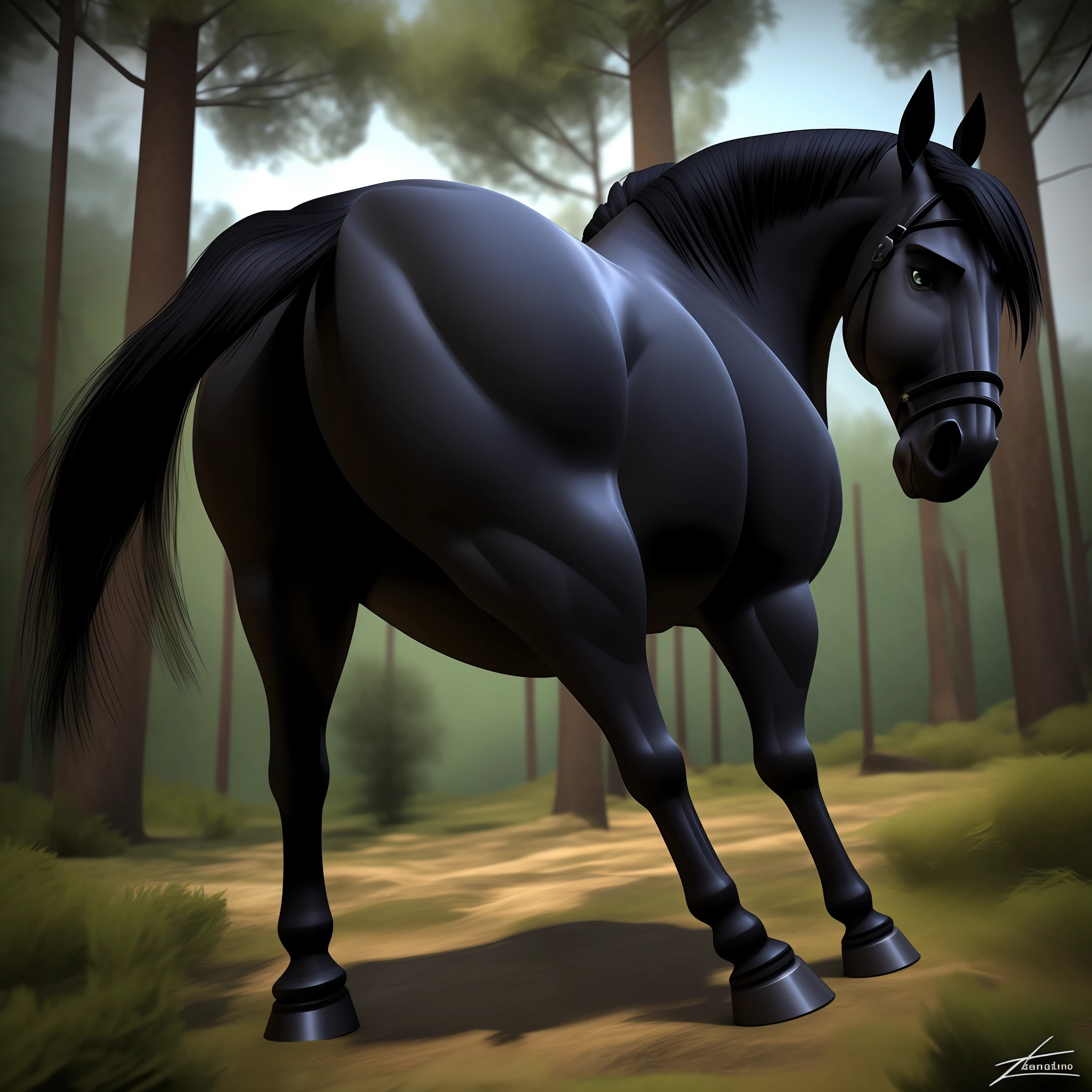 Black stallion horse, antro, bunda grande, perspectiva do bumbum, bumbum bonito,macho, no meio do forest,cabelos pretos longos, olhos verdes , Arte peluda,3d render realista, fotografia