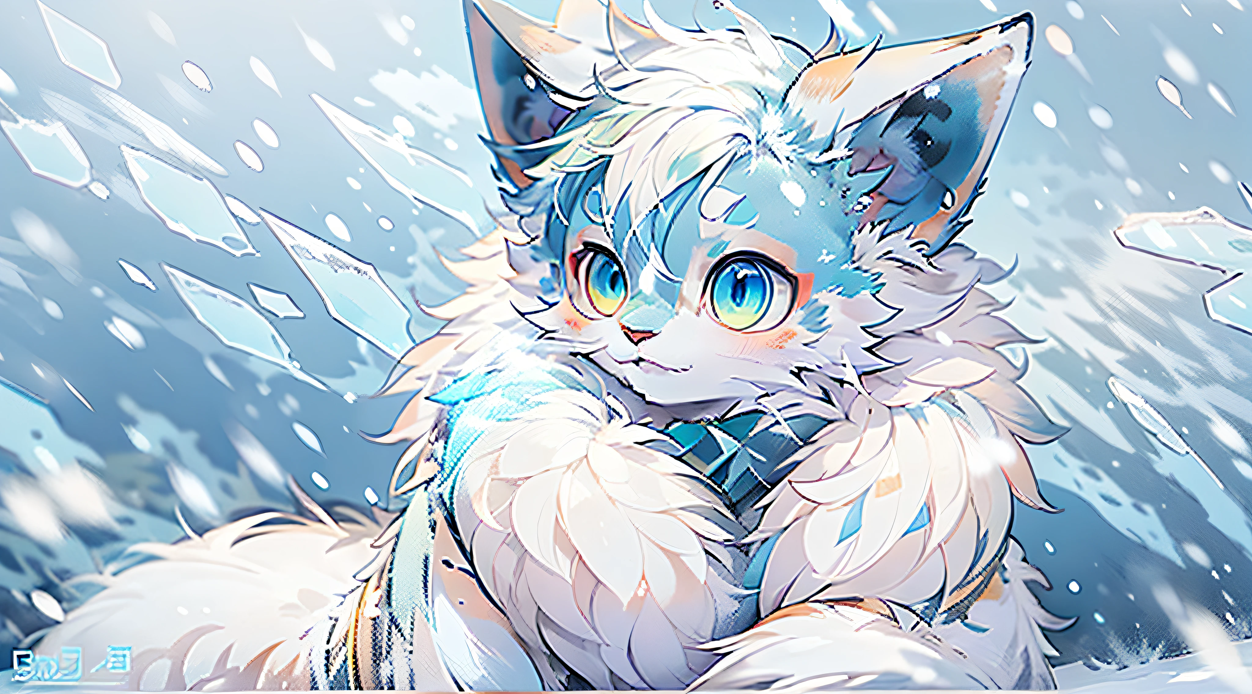 Bluish white fur，hairy chest，In the ice and snow，Cat-eared Shota，PC Wallpapers