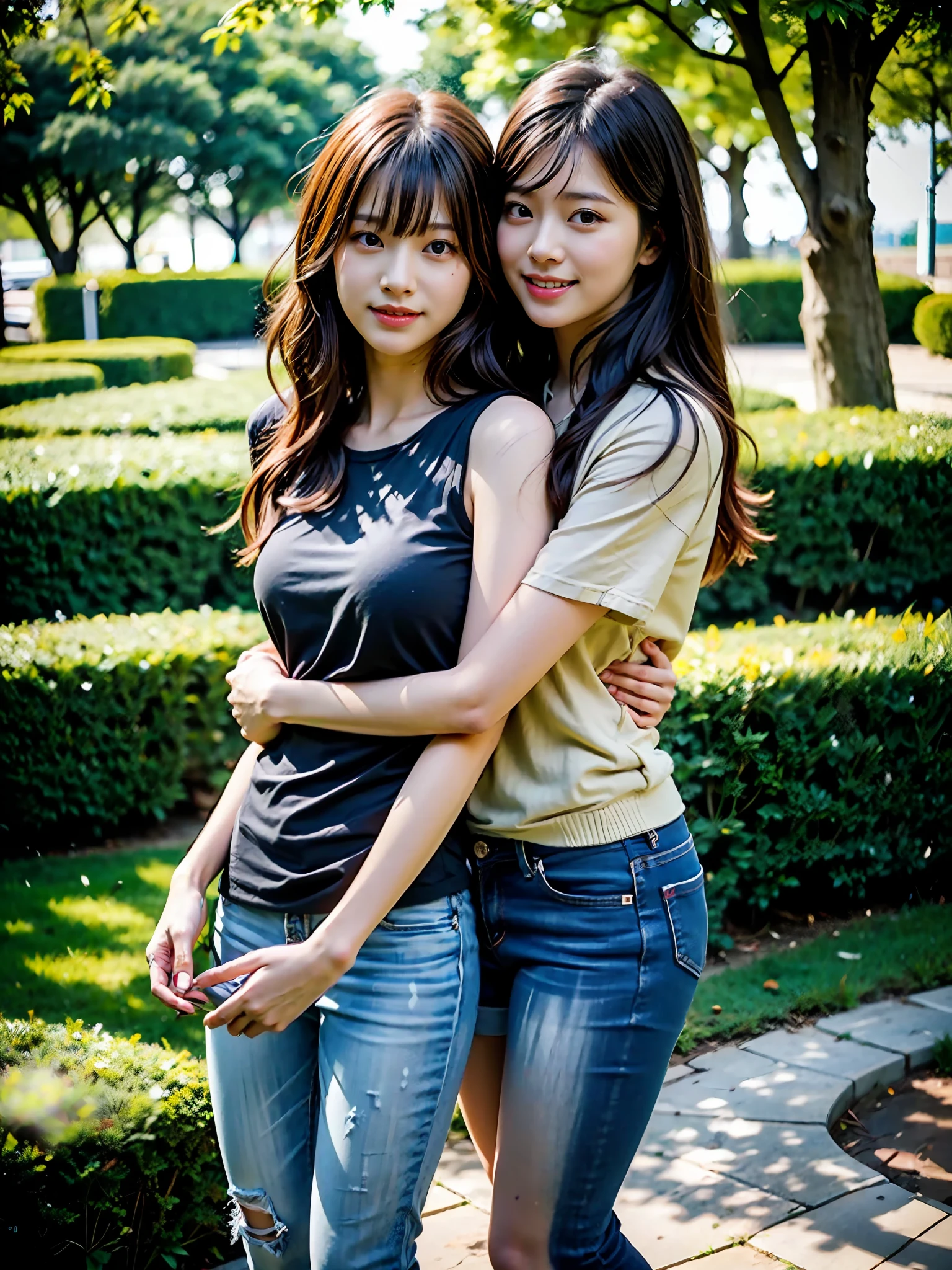 （best qualtiy：1.4），Complicated details，2 20 year old Korean girl，Wear a loose black T-shirt and skinny jeans，Stand on the grass and take pictures，hugs，Intimate relationships，Detailed meadow，A sweet smile on a small face，Ultra-realistic facial details，Playful and coquettish pose，The calves are straight and slender:1.2，Wear high-end brand sneakers:1.0，eventide：0.3，Broad lighting，naturalshadow：1.0，Focus on people，超高分辨率，fully body photo:1.8