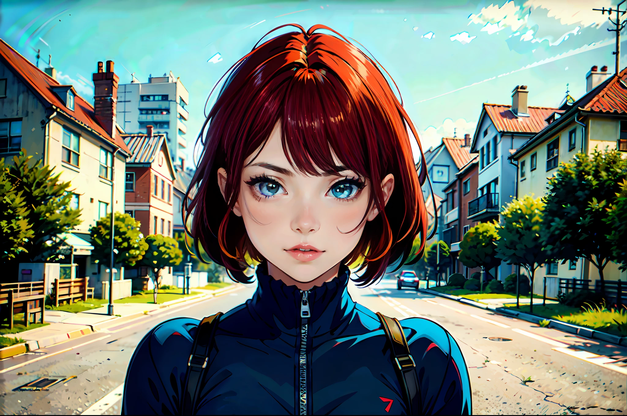 there is a young woman with a short hair and a blue shirt, a redheaded young woman, perfectly centered portrait, 7 0 mm portrait, red haired young woman, 4 k asymmetrical portrait, head centered portrait, landscape