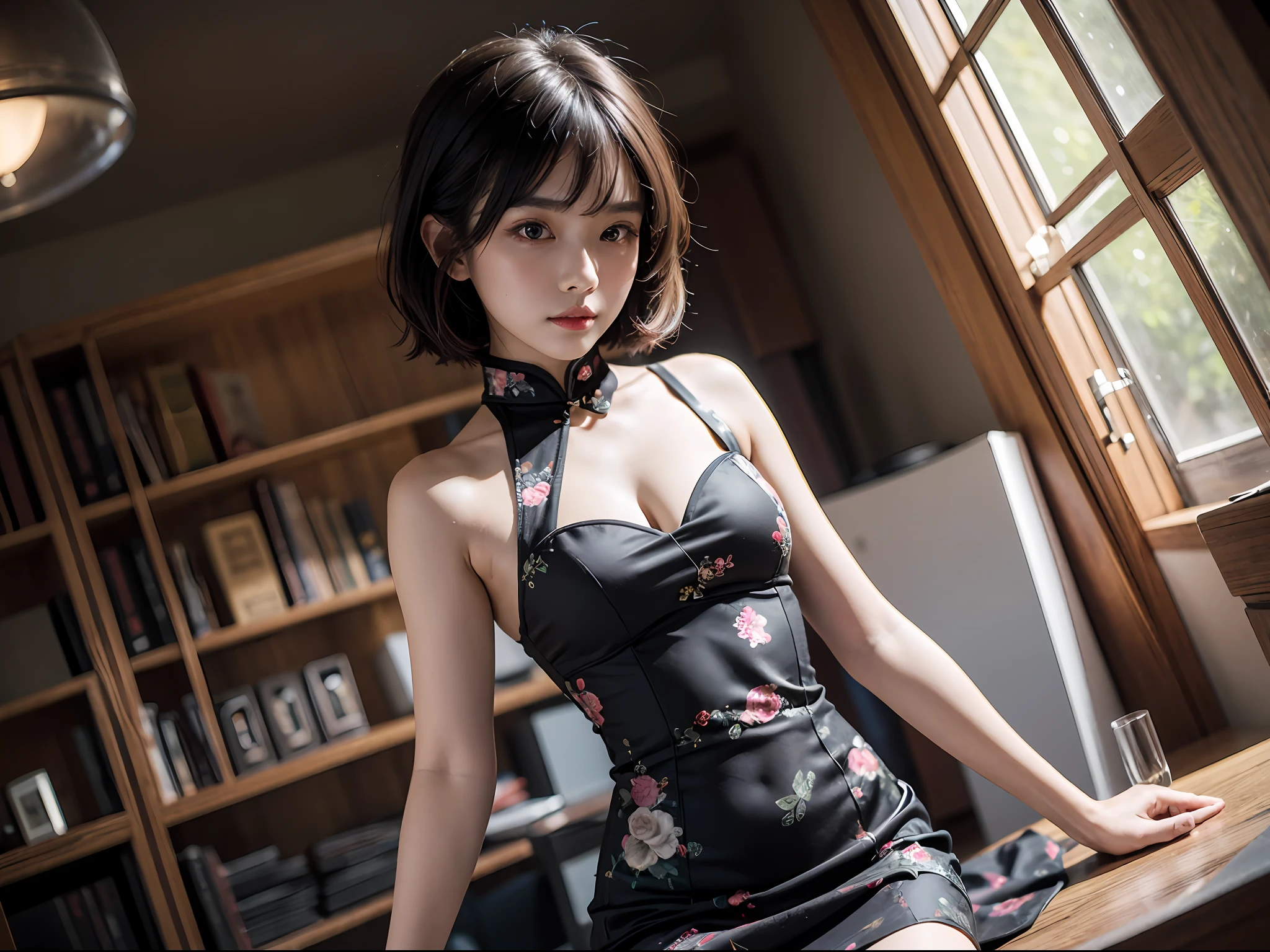 1girl in, (((shorth hair))), qipao dress,long skirt,(masterpiece, top-quality, Near and far law), beautiful expression, in 8K, Raw foto, Photorealsitic, film grains, chromatic abberation, hight resolution, ultra-detailliert, finely detail, 动态照明, Dramatic Lighting、shadowy、extremely detailed eye and face、Round pupils、Modern and luxurious room、long legged、clong legs
