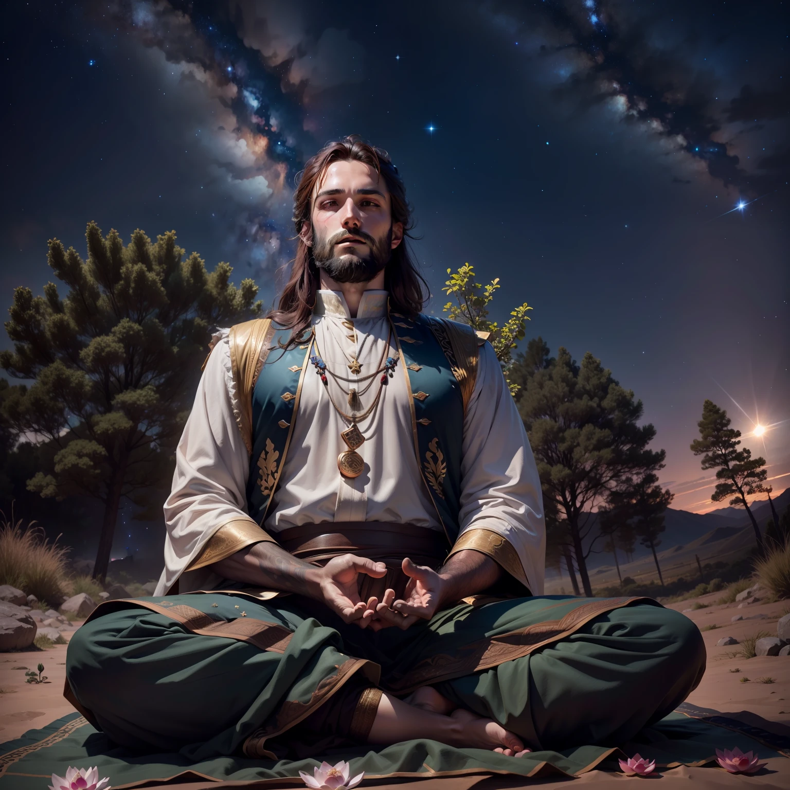 frontal view, natural light, Joshua meditating in the wilderness, brown beard, brown hair, lotus position, night, focus on historical clothing, starry sky, (milky way), 4k, HDR