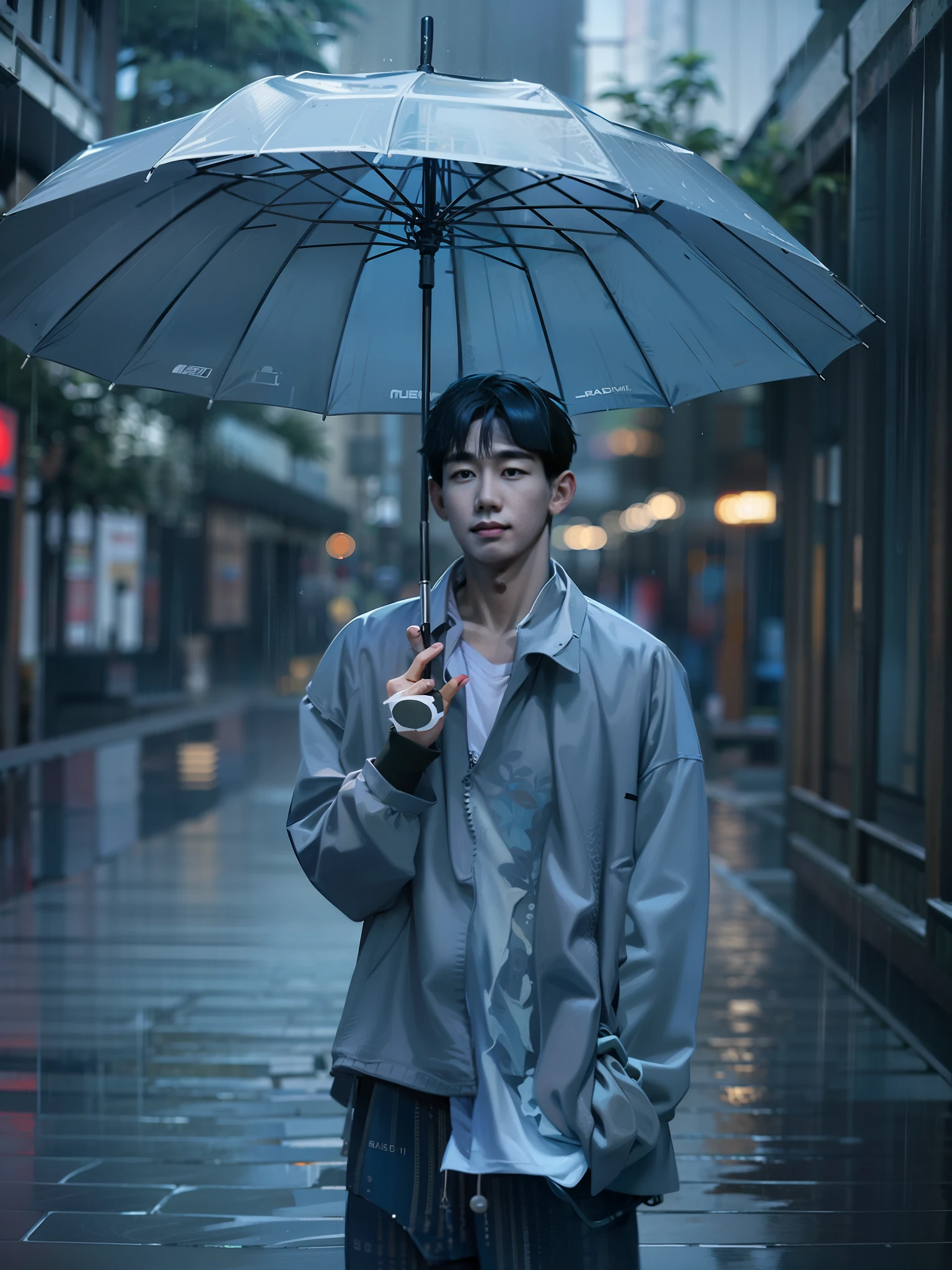 Asian boys, Umbrella in the rain, Snapshot style, Aesthetic, onii kei, Captivating gaze style, yosuke ueno, Pictorial drama, snapshot, Aesthetic, Rei Kamoi, Douglas Smith, Dark gray and light blue, strong facial expression，Photo shooting。