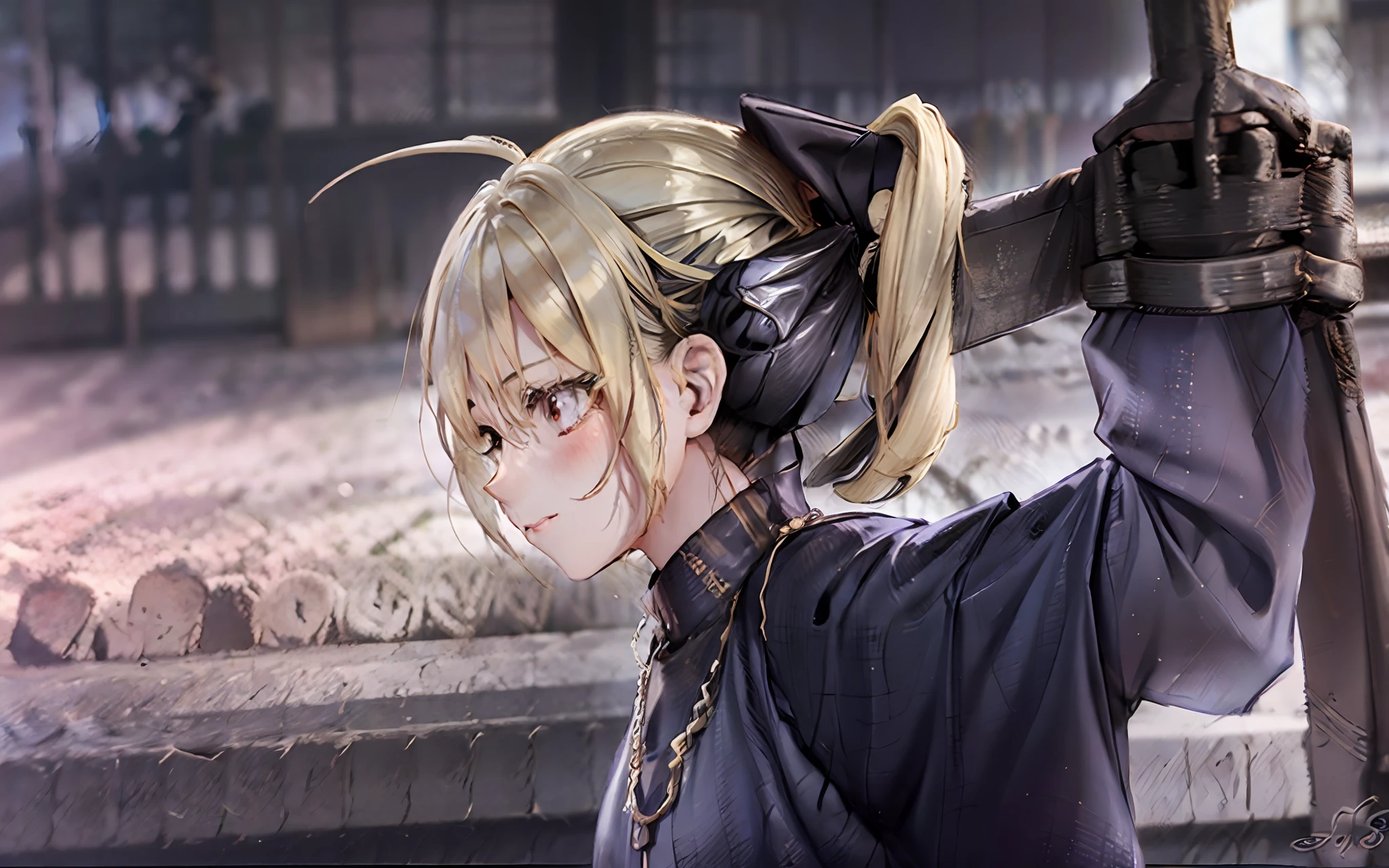 Anime girl holding a sword in front of the crowd, anime style like fate/stay night, Best anime 4k konachan wallpaper, 4K anime wallpaper, claymore anime background, fate zero, Artoria Pendragon, style of anime4 K, Anime art wallpaper 4 K, Anime art wallpaper 4k, Badass anime 8 K, Anime wallpaper 4 k