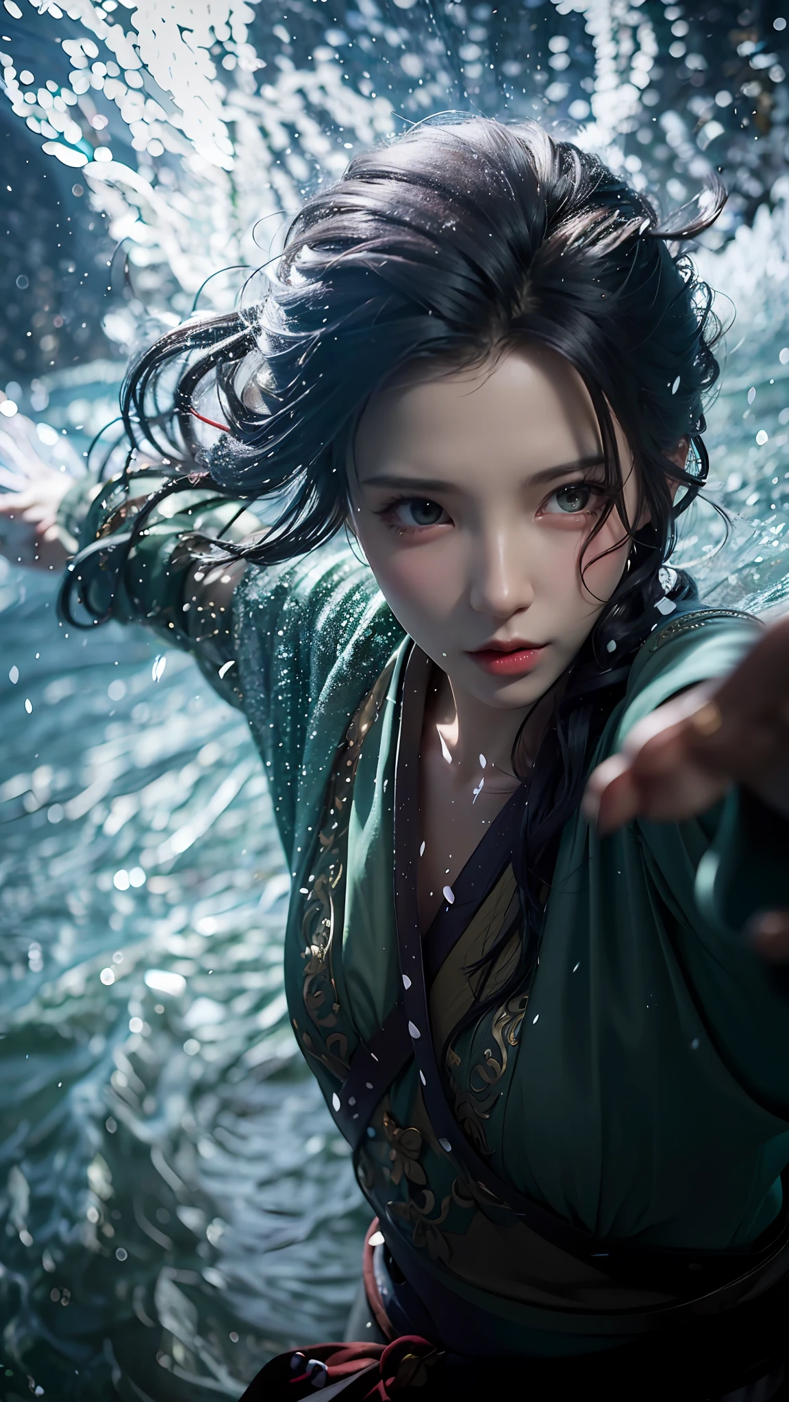 A woman in a green dress stretches out her arms in the water, Cinematic. author:leng jun, queen of the sea mu yanling, author:Zhang Han, portrait shooting, zhang daqian, Wuxia, inspired by Zhang Yan, inspired by Zhu Derun, inspired by Zhang Wo, dramatic cinematic action shot, inspired by Wu Zuoren