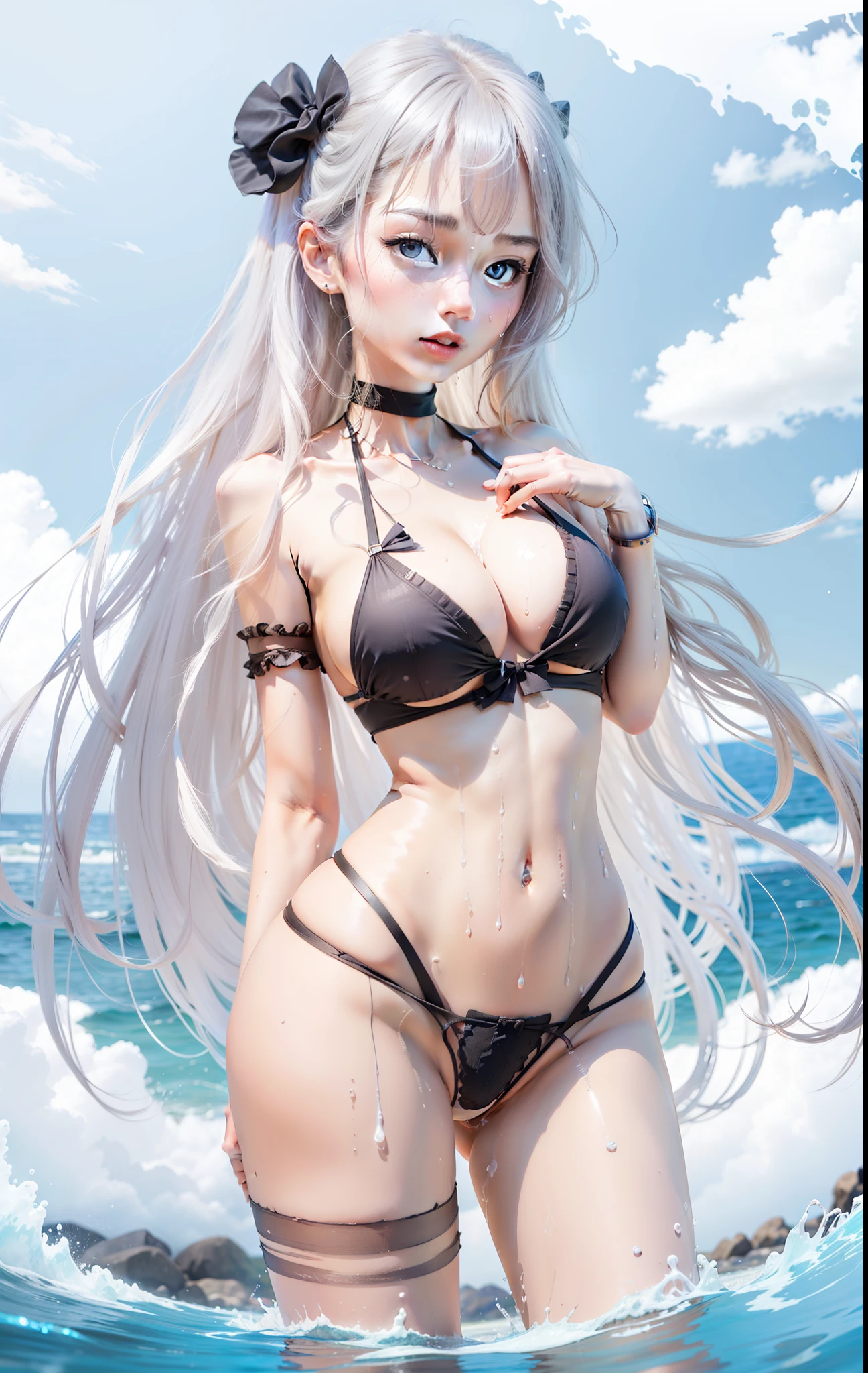 Raw photo, Japanese girl, long white hair,blue eyes, flexing face, super sexy wet bikini, transparent black bikini, beach, big breast, skinny body, milf, 8K quality, super detail, ultra realistic, wet body, wet bikini, skiny leg,