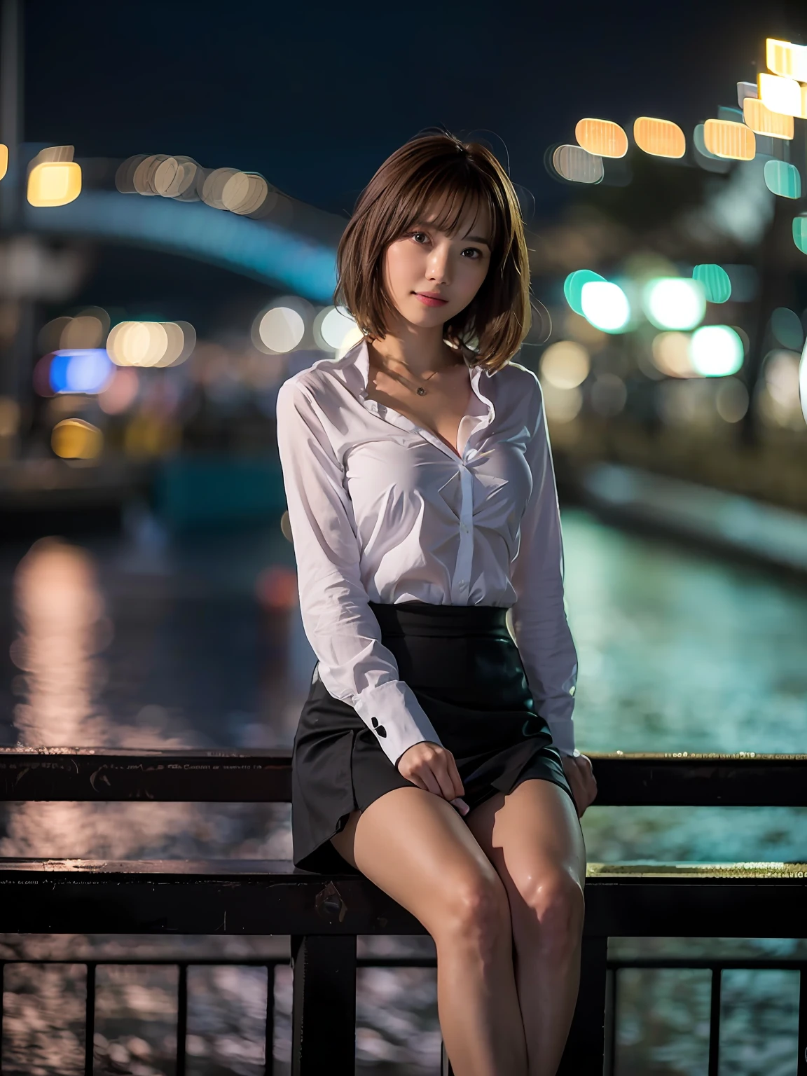 (masutepiece:1.3), (8K, Photorealistic, Raw photography, Best Quality: 1.4), High contrast, (((1girl in))), A pretty woman with perfect figure :1.4, Cute face, Beautiful face, (Realistic face), Beautiful hairstyle, Realistic eyes, Beautiful details, (Realistic skin), Beautiful skin, Attractive, Ultra high definition, A hyper-realistic, Very detailed, (Small breasts:1.3), (cleavage:0.8), Japanese, Semi-long curly hair, Bangs, (Brown hair, Small breasts:1.3), ((slim figure:1.2)), Slim Face, Small buttocks, Gentle smile, (((black mini skirt with white shirt))), At Odaiba Seaside Park in the middle of the night with a beautiful night view, slightly slender face