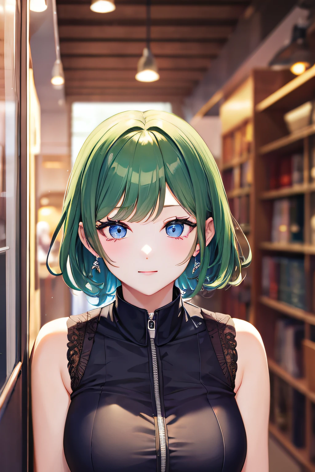 top-quality、(short-hair:0.75),blue eyess,green colored hair、(bangss:0.25)、a beauty girl
