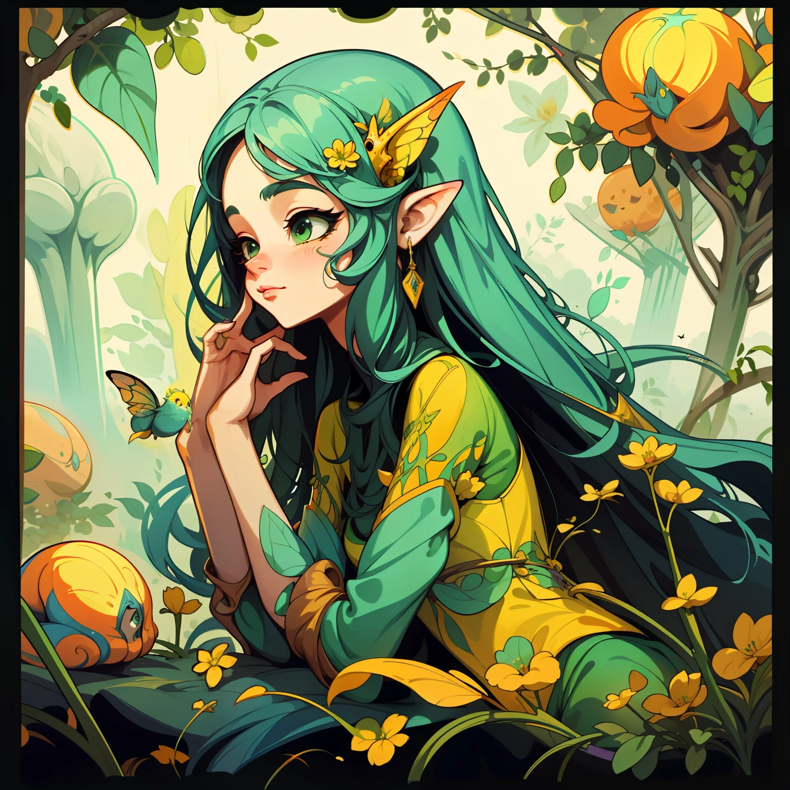 adesivo,1girl, fundo simples, retrato, girl with long hair, beautiful pixie, pixie aesthetic, beautiful pixie, very beautiful fantasy art, beautiful and elegant female pixie, beautiful detailed fantasy, green and yellow color palate, yellow color-theme