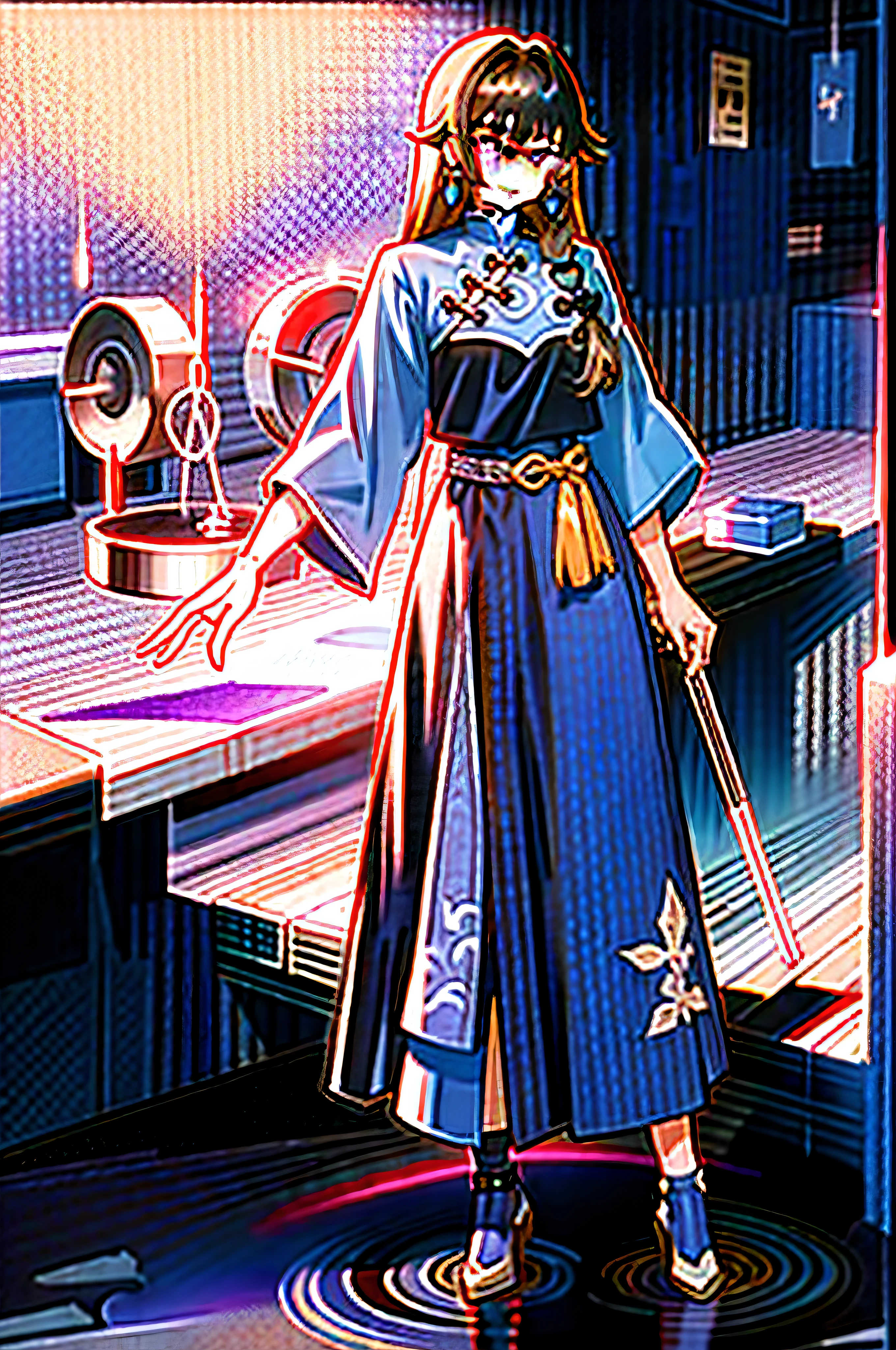 Qi bangs, Long straight hair, tear-mole, Purple pupils, long eyelasher, Blue-purple cheongsam, Black heels, Relatively mature, Silver crossed earrings, Finger chains, anime big breast