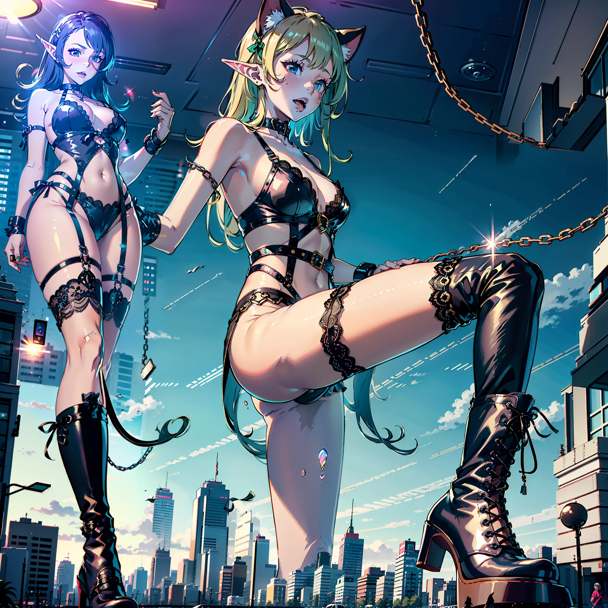 beautiful girl,Wear lace lingerie,lace panty,See-through installation,Mesh socks,High-heeled boots,leg loops,nose hook,Bondage clothing,Tied in chains,sat on the ground,Rainbow long hair,Cat ear hair card,Elf ears,A black face,Bad laughter stream,mouth drool,Take a leather whip