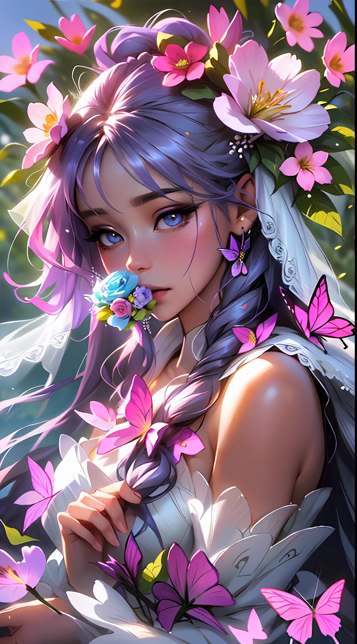 The colors in this image are soft and draw inspiration from gentle watercolors and should be (((primarily pink and purple))). Generate a delicate and tranquil flower fairy with soft hair dancing in the wind and intricately braided. Her sweet, gentle face has puffy, big lips and stunning, highly realistic eyes. She has beautiful detail eyes, beautiful detailed eyes, realistically shaded eyes in vibrant colors. ((She is wearing a delicate ((wedding dress)) of clouds, gossamer silk, and satin.)) She is surrounded by ethereal flowers of varying sizes and colors. The background is wild and unruly, with delicate flowers dancing in the wind and creating a dynamic and compelling image. A flowered headdress adorns her head and soft petals fall around her. The flowers in this artwork are realistic and very detailed and come in different shapes and sizes. Include a soft watercolor sky. Include realistic hair and skin texture. Include fantasy details, enhanced details, colorful glittering wind, and pollen. ((Pay special attention to her face and make sure it is sweet and realistically detailed.)) (((((The image should be dreamy and ethereal.))))) Include intricate fantasy details. 8k, intricate, elegant, highly detailed, majestic, digital photography, art by artgerm and ruan jia and greg rutkowski surreal painting pearl butterfly filigree, flower petals, (masterpiece, finely detailed beautiful eyes: 1.2), hdr, realistic skin texture, ((ornate)), ((intricate)), ((fantasy00d:1.2)), rays of light, (add details), (((highly detailed butterflies))), translucent butterflies, ornate flowers, dew drops, sunlight, rays of sun, ((((sweet, virgin, pure)))). A soft pink haze should emphasize this artwork's dreamy etherealness. (Best Quality, Masterpiece), 1girl, Pose, Particle, Wind, Flower, Upper Body, Pink and White Color Scheme, Flower Fairy, Wings, Forest, Butterfly