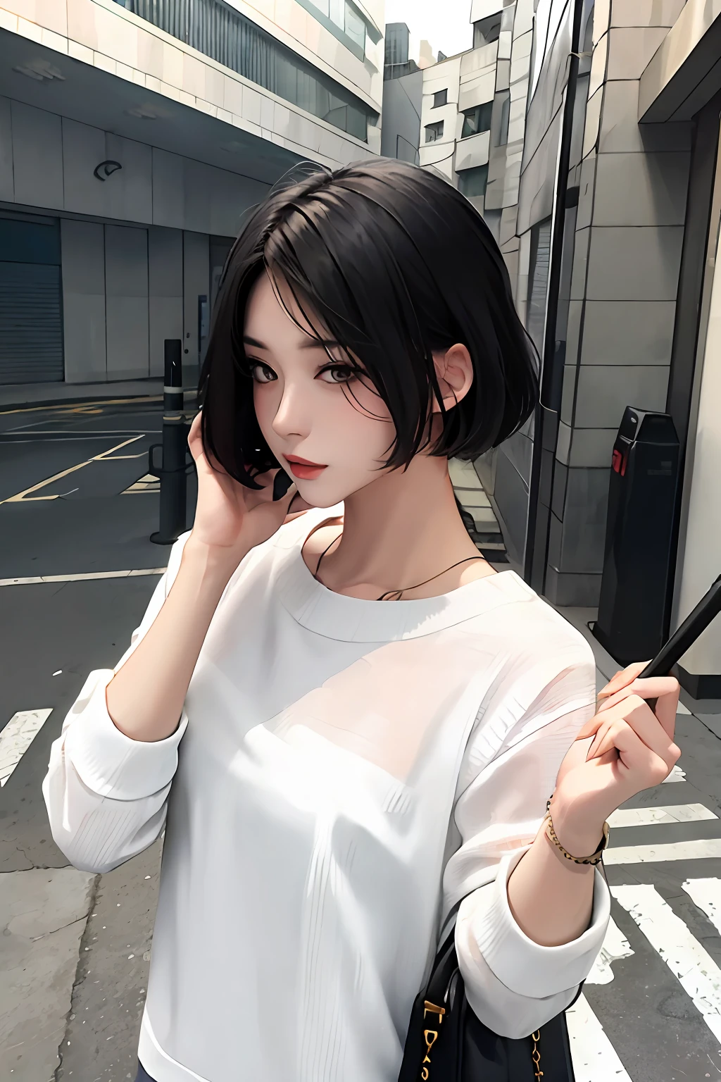 Cold boy,White color blouse,brush cut,urban backdrop