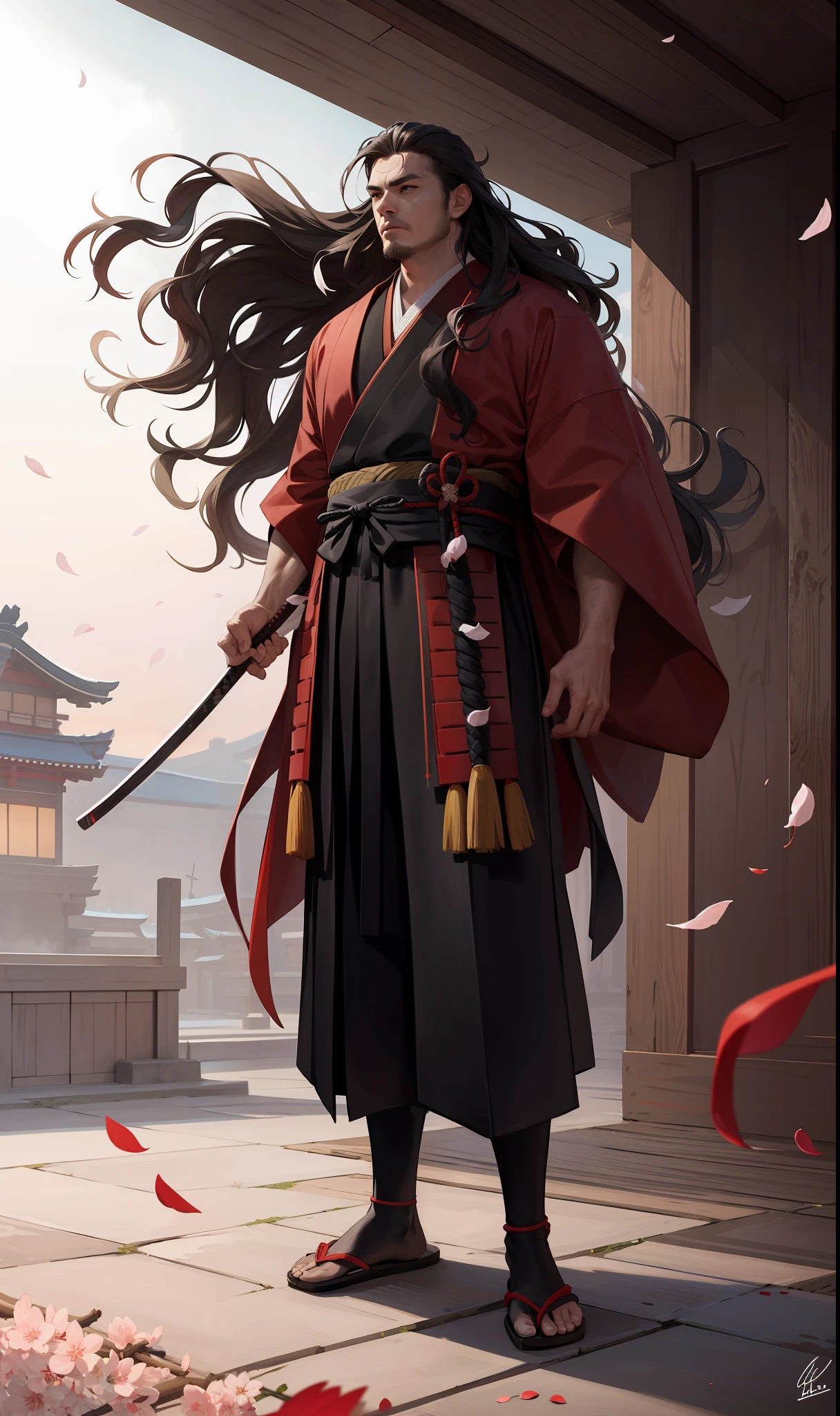 masterpiece, high quality, best quality, beautiful, hd, realistic, perfect lighting, detailed face, detailed body, (1 man), european man, black long hair, wavy hair, (red samurai clothes), samurai, standing, wind, (sakura),sakura petals, (brutal), courageous, full body
