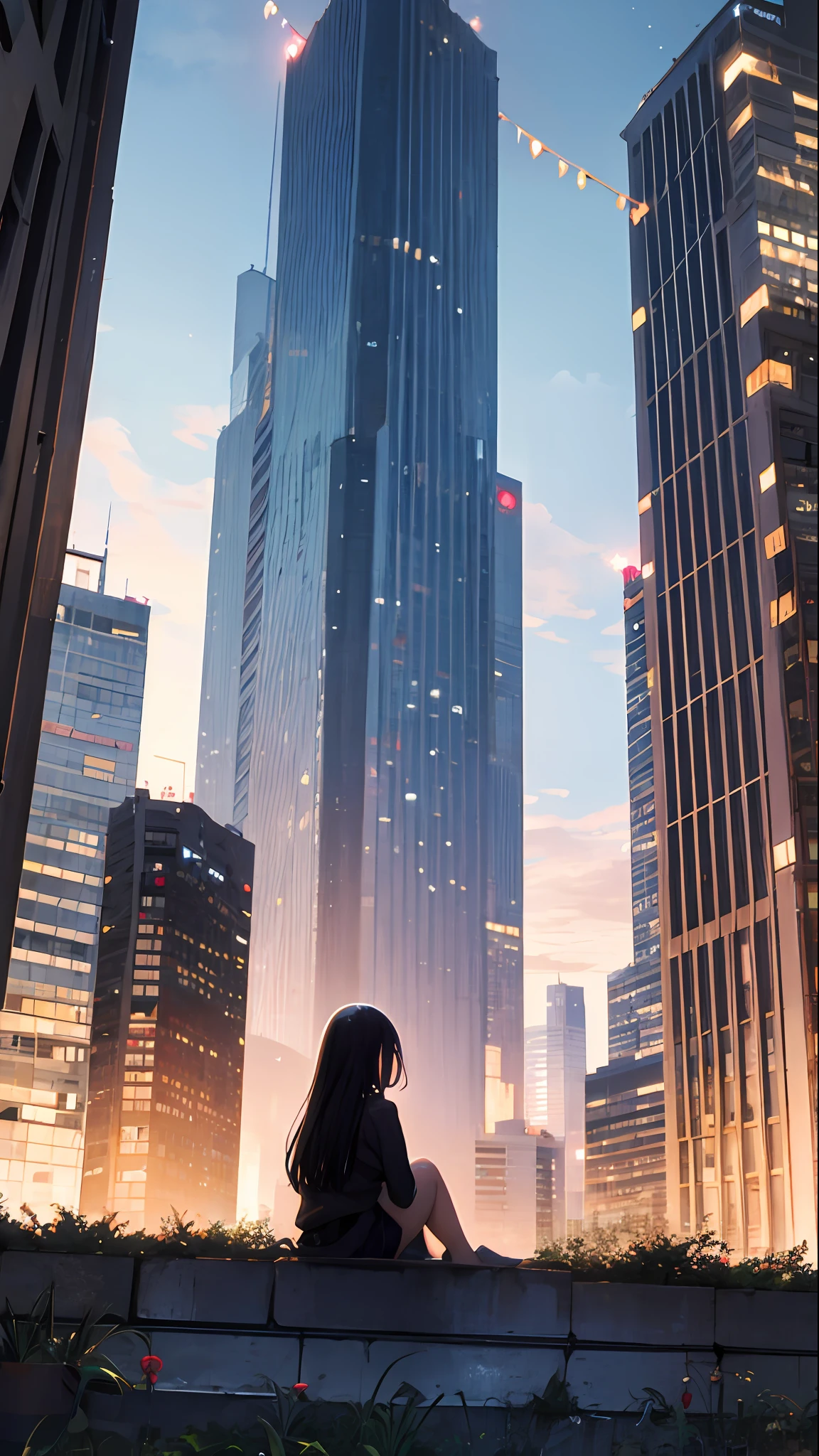octans, sky, star (sky), scenery, starry sky, night, 1girl, night sky, solo, outdoors, building, cloud, milky way, sitting, tree, long hair, city, silhouette, cityscape