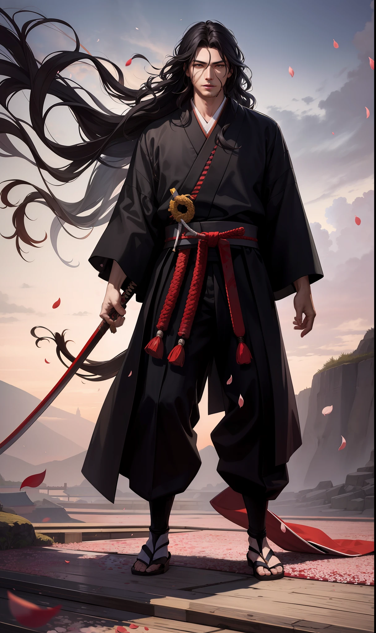 masterpiece, high quality, best quality, beautiful, hd, realistic, perfect lighting, detailed face, detailed body, (1 man), european man, black long hair, wavy hair, (red samurai clothes), samurai, standing, wind, (sakura),sakura petals, (brutal), courageous, full body