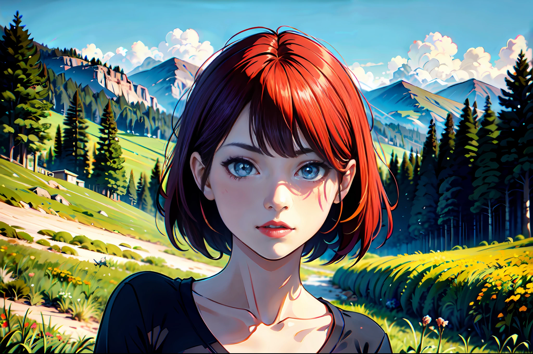 there is a young woman with a short hair and a blue shirt, a redheaded young woman, perfectly centered portrait, 7 0 mm portrait, red haired young woman, 4 k asymmetrical portrait, head centered portrait, landscape