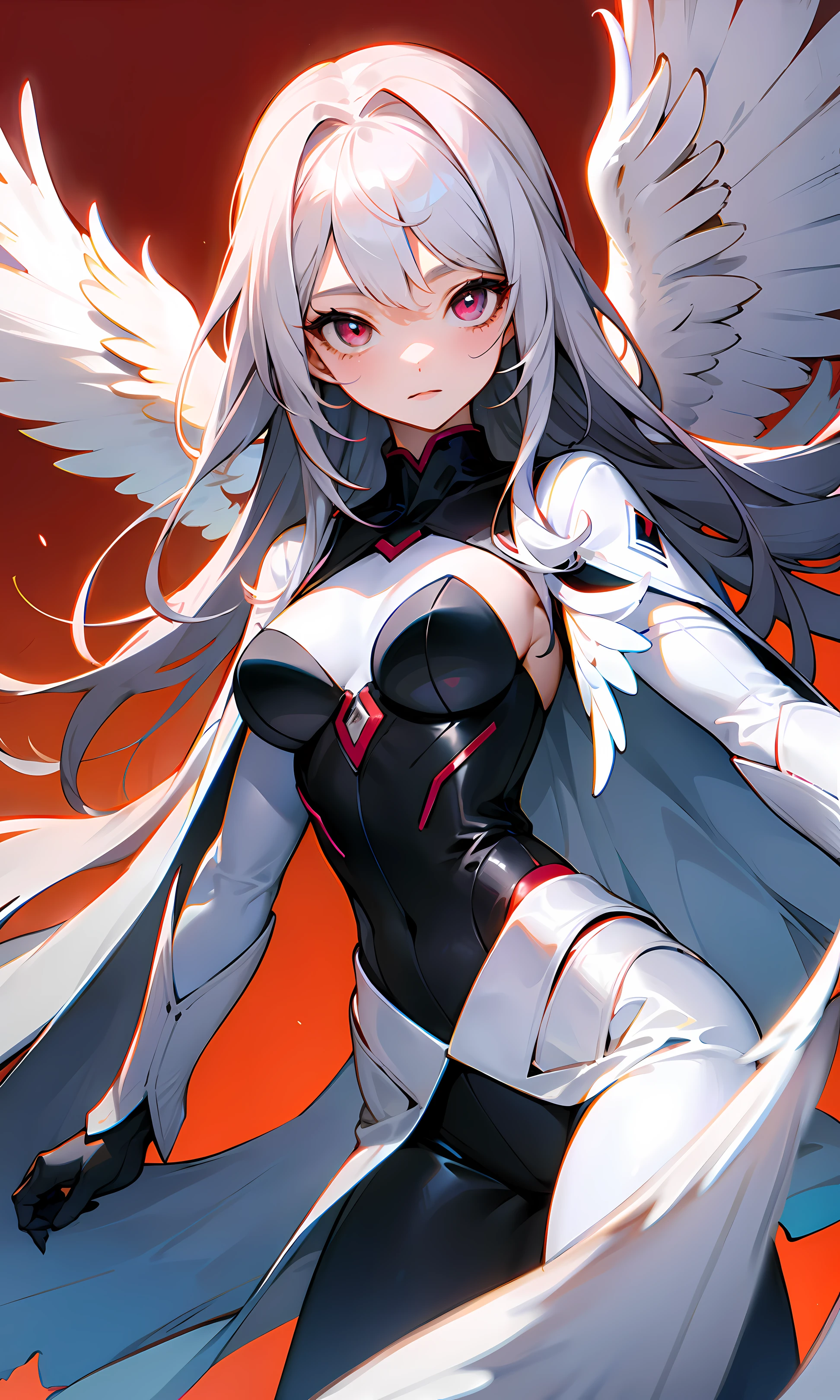 Girl in white，angelicales，Has 1 pair of wings，One side is black and the other is red，Excellent figure，Eyes hook the soul