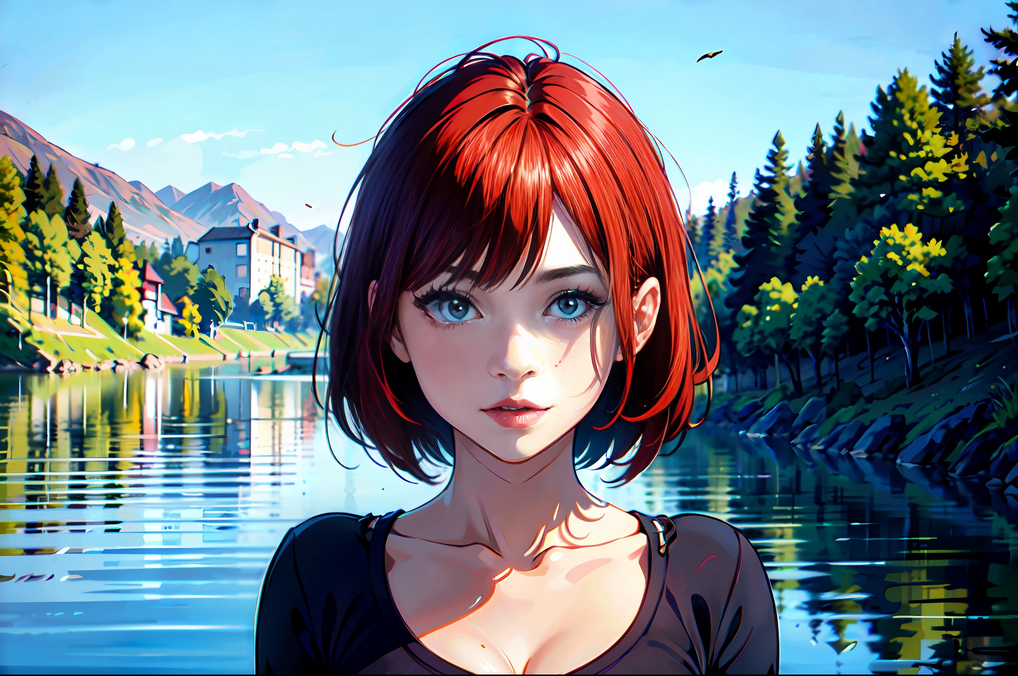 there is a young woman with a short hair and a blue shirt, a redheaded young woman, perfectly centered portrait, 7 0 mm portrait, red haired young woman, 4 k asymmetrical portrait, head centered portrait, landscape