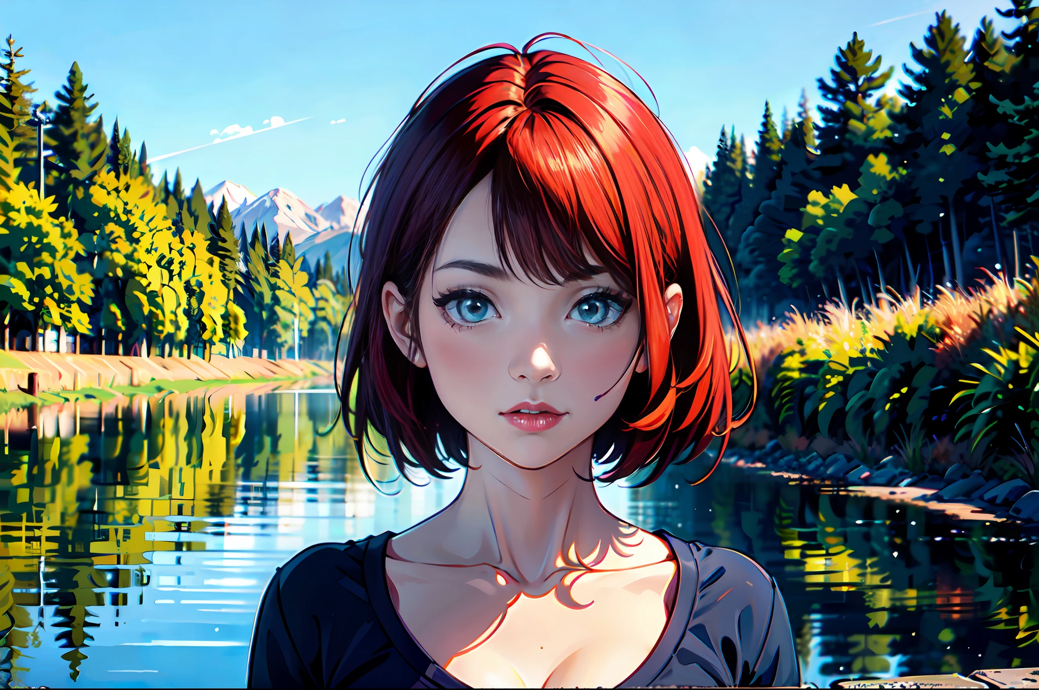 there is a young woman with a short hair and a blue shirt, a redheaded young woman, perfectly centered portrait, 7 0 mm portrait, red haired young woman, 4 k asymmetrical portrait, head centered portrait, landscape