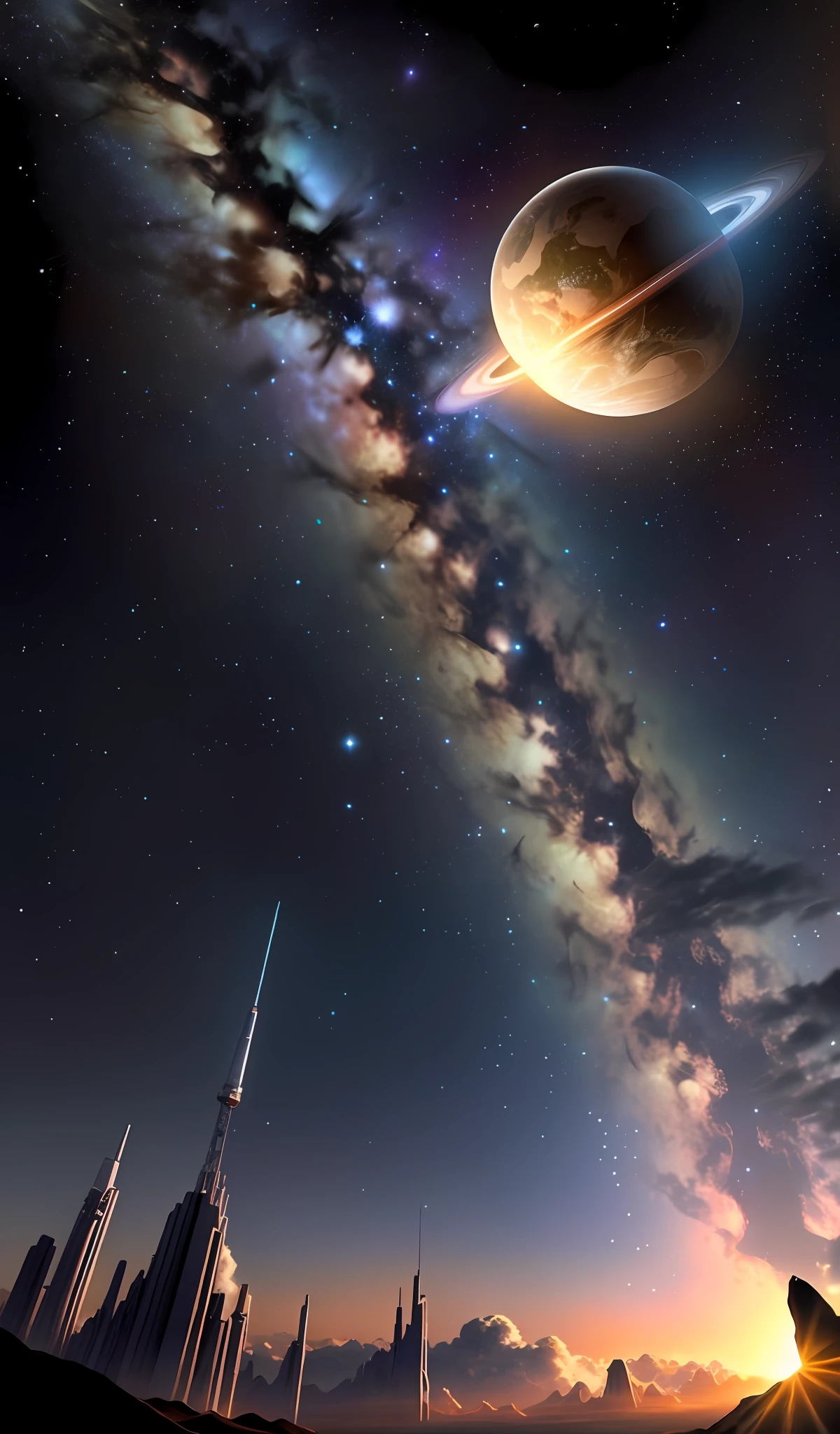 Imagine space with many stars, bem saturado com os planetas em volta, And in the middle of it all there's going to be a comet falling towards Earth, bem ciberpunk