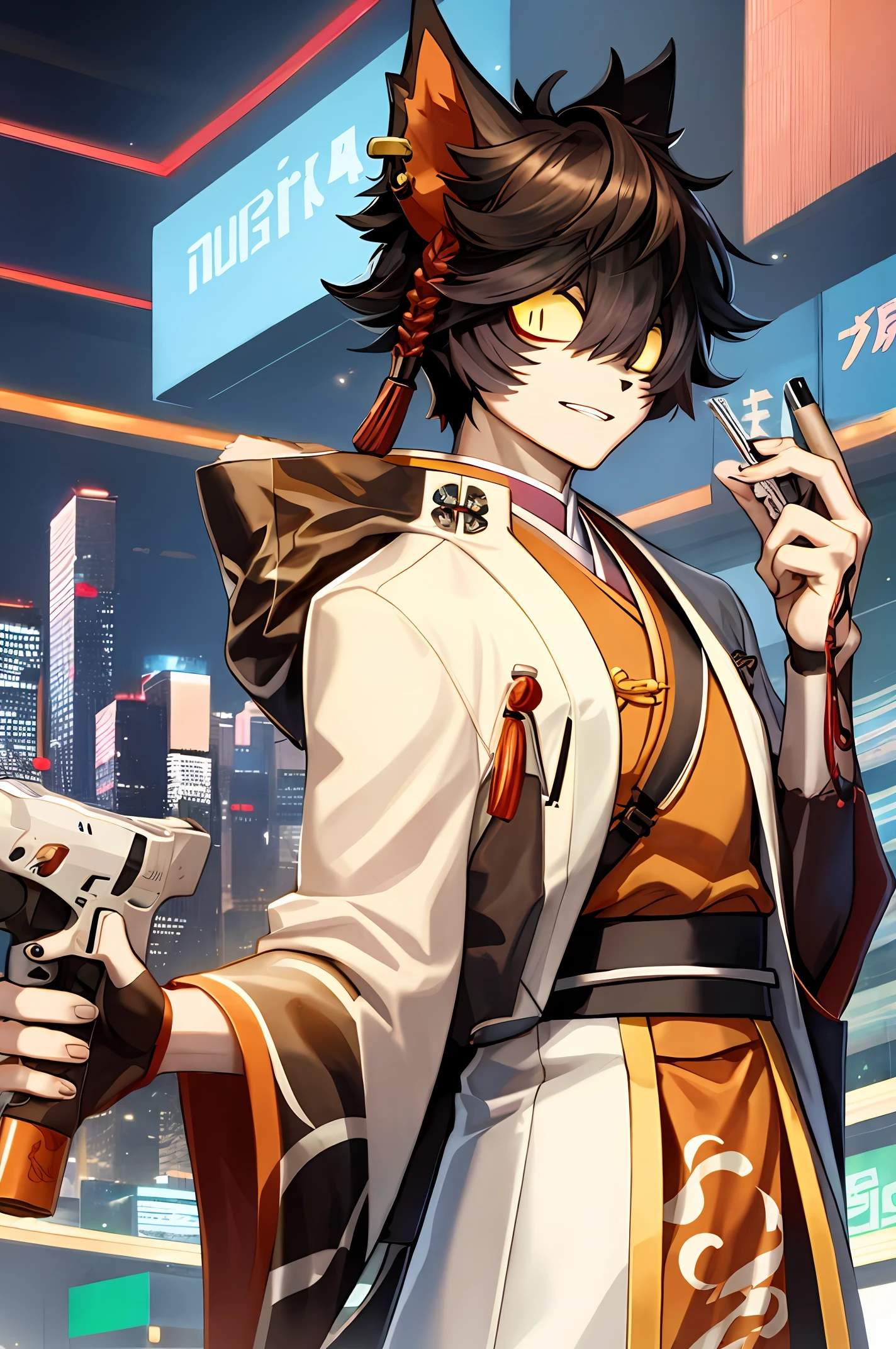 Male Taoist priest, japanese yakuza style, anime drawing, cool, wallpaper, cyberpunk style