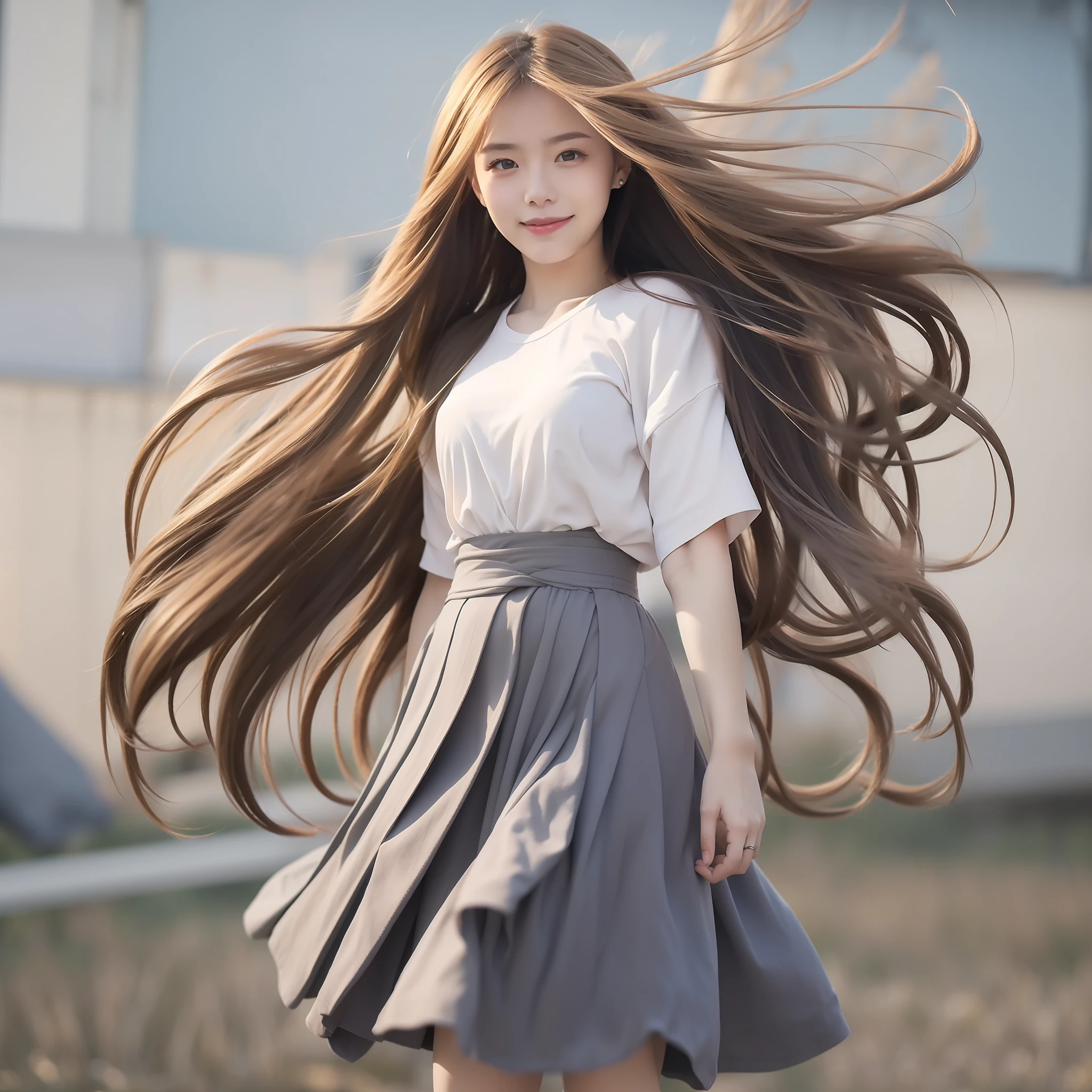"(Best picture quality、A masterpice), white backgrounid, Ultra-thin paper,Sparkling, Beautiful and tasteful, The wind blew for a long time,ssmile, curly blond hair, Vivid and stunning,Scottish pleated skirt,Greater wind,The wind blows hair,Floating hair,Static clothes,Short sleeved bodice,extra very long hair,12 meters long hair,Hair grows to the floor,Correct limbs,fully body photo,standing on your feet,white short sleeve,Cross your hands at your waist,mid day,Sunnyday"