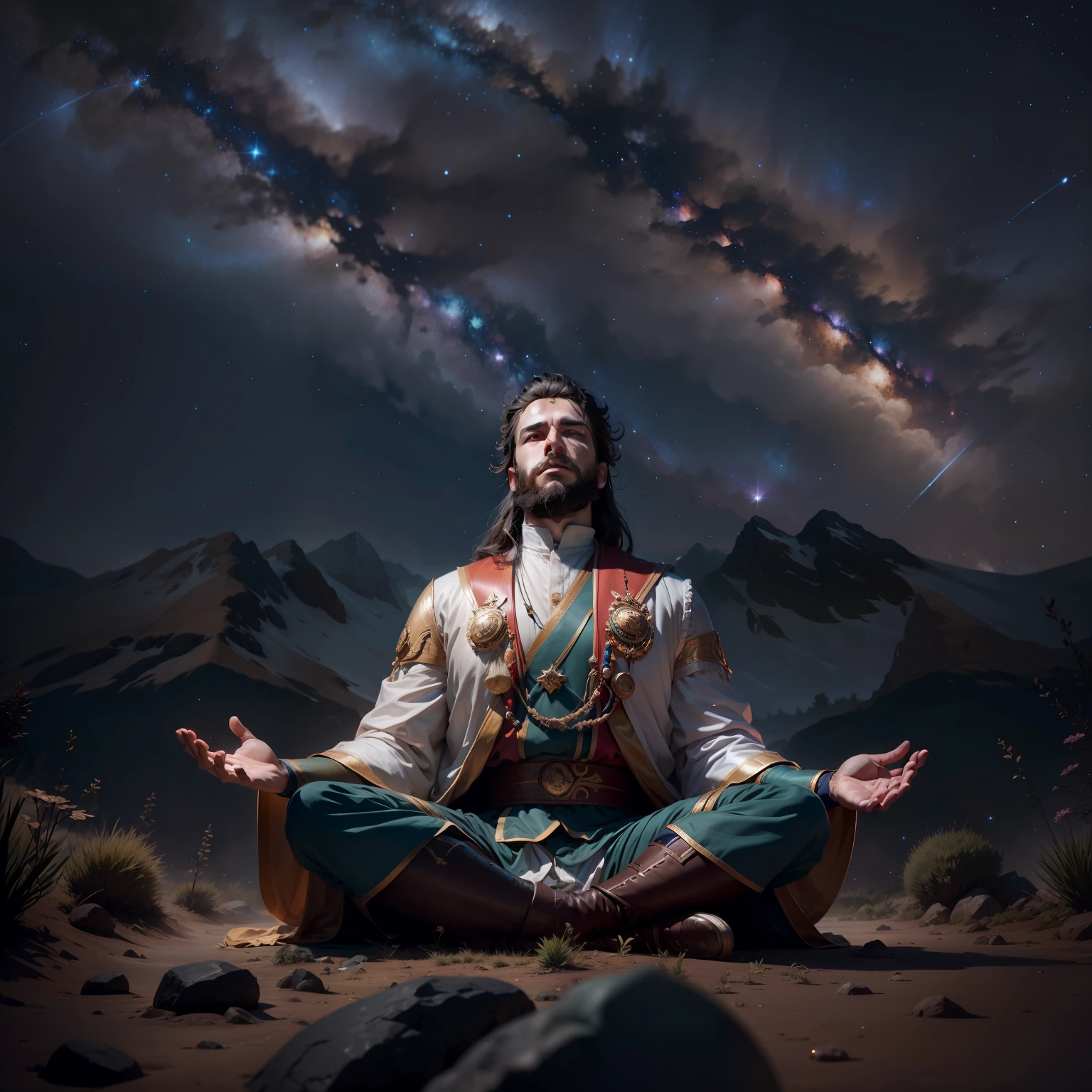 frontal view, natural light, Joshua meditating in the wilderness, brown beard, lotus position, night, focus on historical clothing, starry sky, (milky way), 4k, HDR