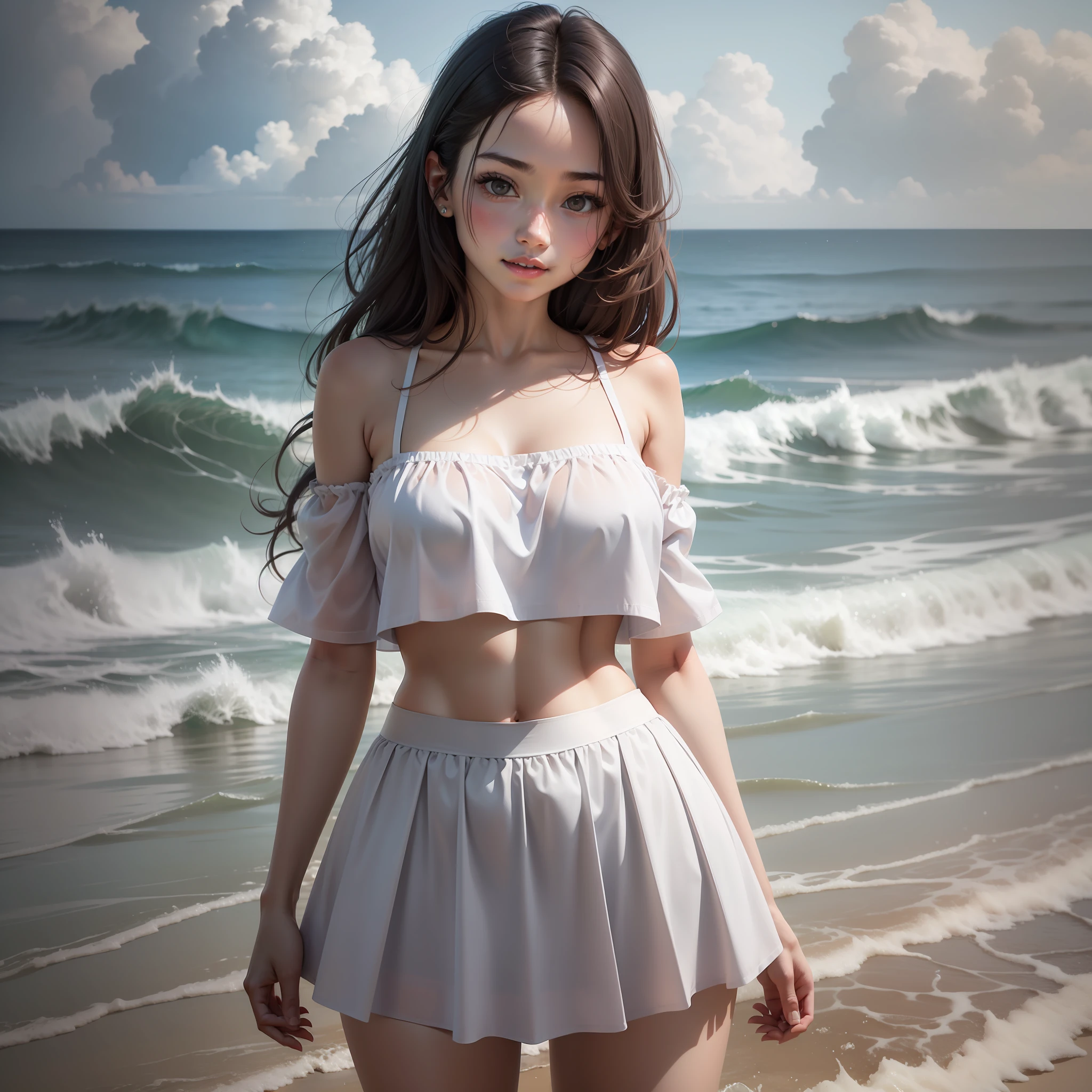 1girll，（seaside backgroud，nabel）8K，RAW photogr，品质最佳，巨作，photorealestic，photo-realistic，Tight skirt，sea beach，spray，swell sea，Skinny teenage girl，Redlip，cropped shoulders，Delicate faces，largeeyes，Small lips，Thin leg，Ultra-white skin，messy  hair，Gauze skirt，ssmile，Round buttocks，gigantic hip，The short skirt is transparent，Belly button top，Short sleeves with round neck