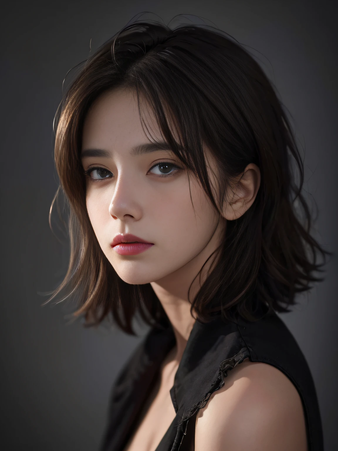 Best quality, masterpiece, ultra high res, (photorealistic:1.5), raw photo, 1girl, offshoulder, in the dark, deep shadow, low key, cold light, sexy look, short hair