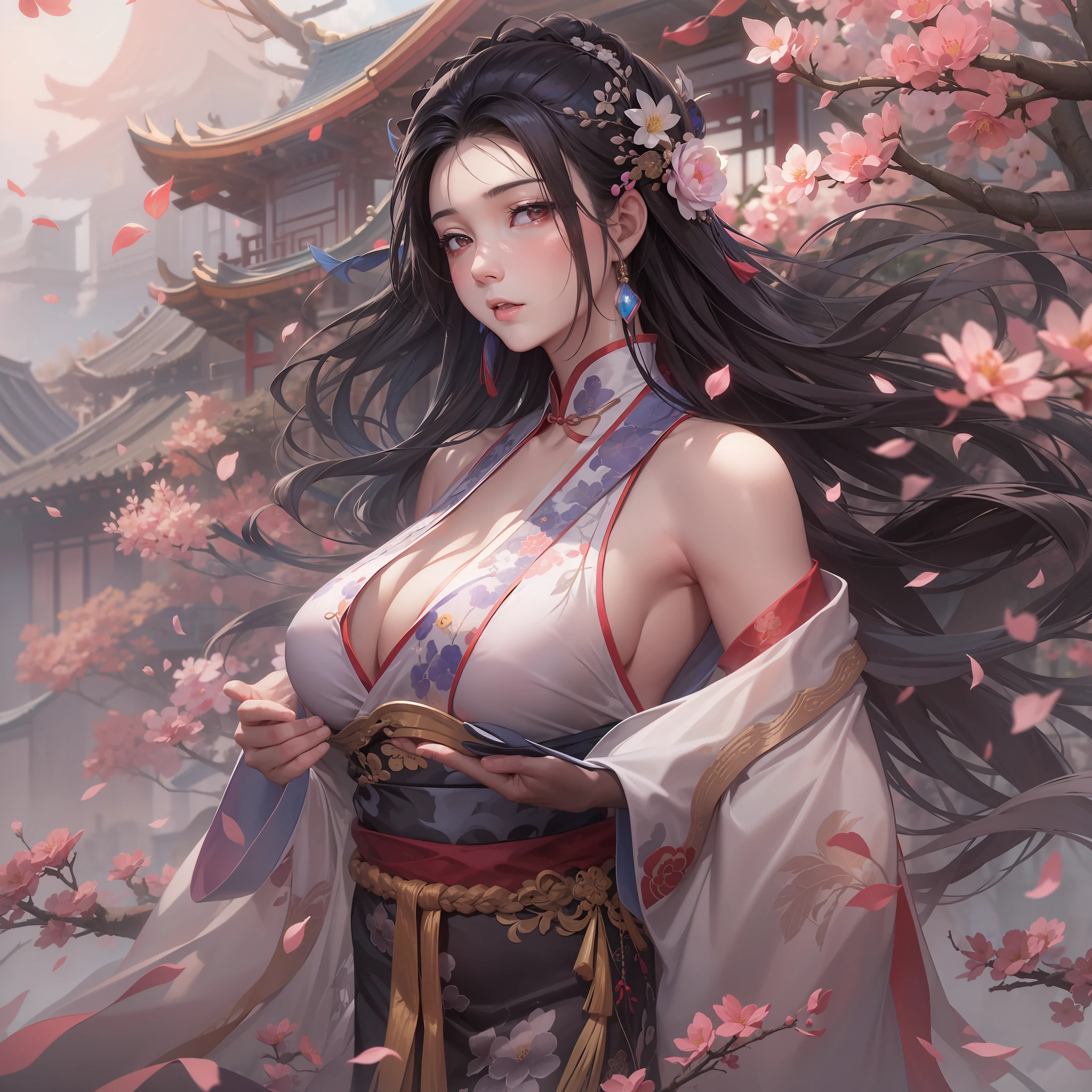 NSFW， Chinese style， 1girll， Hanfu， ancient_chinese_architecture， flower  field， blossoms， （Black smoke：1.2） （realisticlying：1.4）， Zen entanglement， rosette， tangled， offcial art， Unity 8k壁纸， ultra - detailed， Beautiful and beautiful， tmasterpiece，best qualtiy， （dynamic angle：1.4）， Glowing skin， （gigantic cleavage breasts：1.4）（Floating colorful flashes：1）The most beautiful forms of chaos，ellegance，Fauvistdesign，vivd colour，Romantic depth of field exotic_dance， half_naked