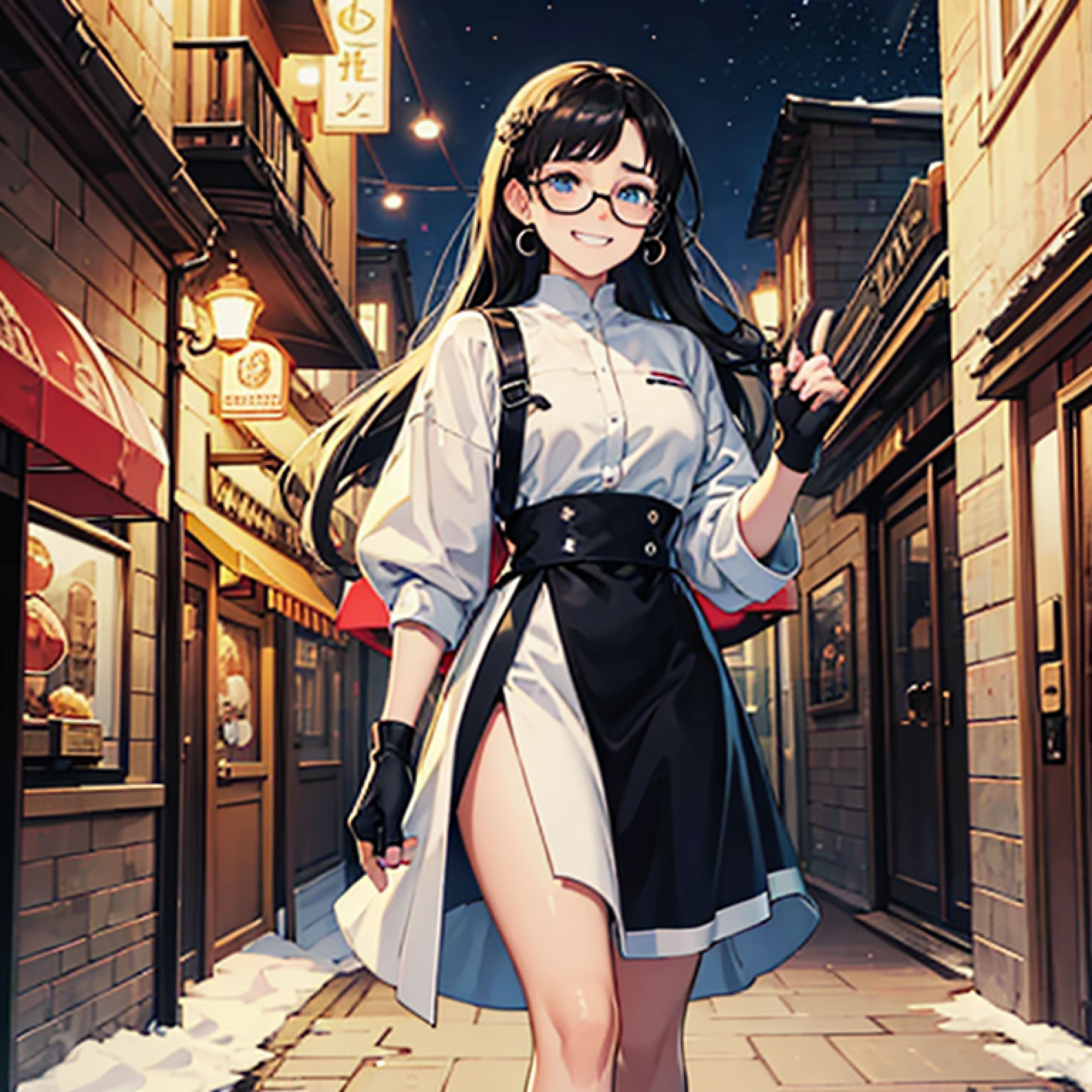 (Black hair:1.2, Long hair:1.1, Asymmetrical bangs:1.1, Straight hair, hair bobbles, over-rim eyewear, happy tears, wide-eyed, grin, Pixel art:0.9, Anime style:0.9, Cinematic lighting:1.1, Masterpiece,snowfield,Finger gloves) --auto
