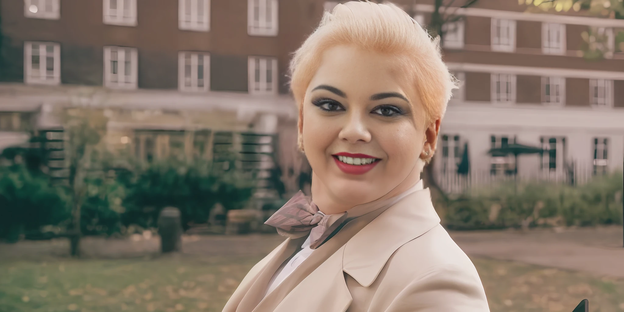Blonde man with white hair and bow tie smiling in front of a building, sorriso alegre, cabelo albino, Similares a Malfoy, one man is blond, albino white pale skin, sorriso vertiginoso, smug smirk, smug smirk, master part!!!, Owen Gent, smug look, smiling maniacally, izumbi, smug smirk, Joel Fletcher --auto