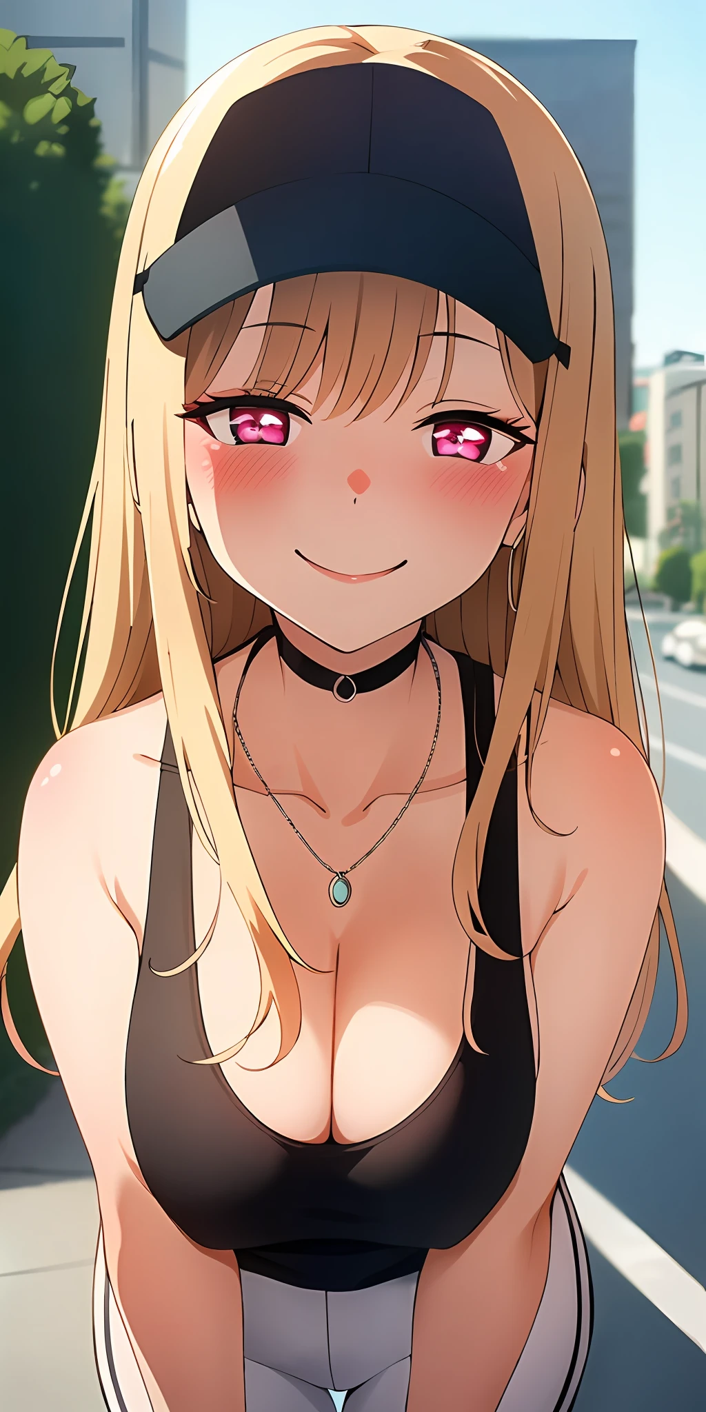 (Best quality:1.3), kitagawa, large breasts, cleavage, tank top, visor cap, yoga pants, smiling, street background, (pov, blushing:1.3)