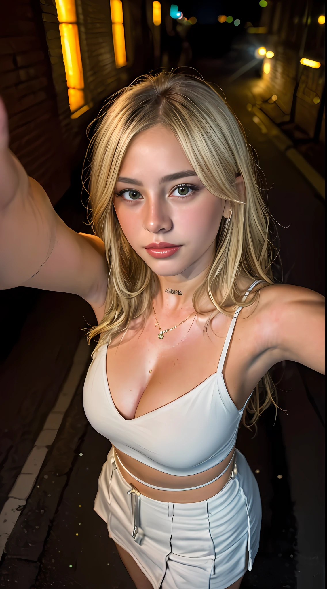 (selfie shot, from above:1.4), (half body postrait:1.4), RAW uhd portrait photo of a 24-year-old blonde (blue-eyed woman) walking down a dark alleyway, natural breasts_b, nighttime city background, (red sundress), (cleavage), detailed (textures!, hair!, shine, color!!, imperfections:1.1), highly detailed glossy eyes, (looking at the camera), specular lighting, dslr, ultra quality, sharp focus, tack sharp, dof, film grain, (centered), Fujifilm XT3, crystal clear, center of frame, cute face, sharp focus, street lamp, neon lights, bokeh, (dimly lit), low key, at night, (night sky)  detailed skin pores, oiled skin, tan, intricate eye detail