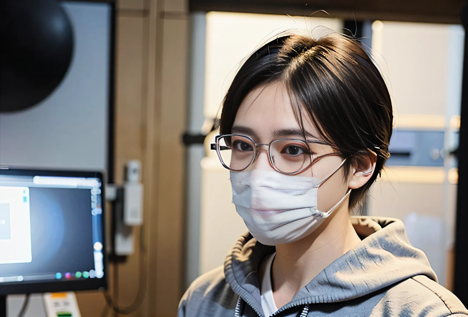A man wearing a mask and glasses in the room,wearing transparent glass mask,The surgical mask covers the mouth and nose tightly,Medical mask male character wearing headphones and goggles。