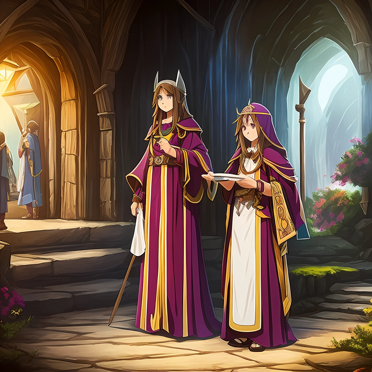 uma sacerdotisa adolescente, com um vestido longo, um cajado e uma mochila, Estudos Ghibli, konosuba