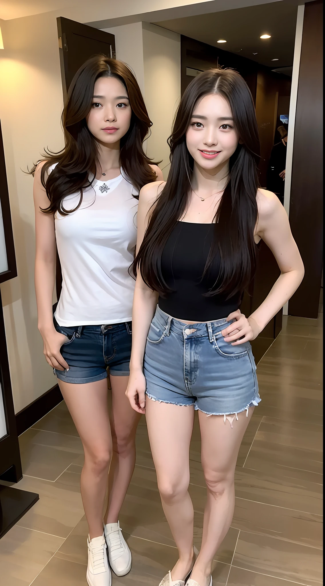((top-quality、8K、masterpiece:1.3))、1 tall and beautiful woman、Perfect figure:1.4、A slender 、Dark brown hairstyle、shorth hair、Skinny Jeans、No postural movement、Stand up straight、Huge bust、Highly detailed facial and skin texture、A detailed eye、二重まぶた、Smile、A royal sister full of fans、full body Esbian、Peach butt、sleeveless、Tokyo Marunouchi、Random Poses