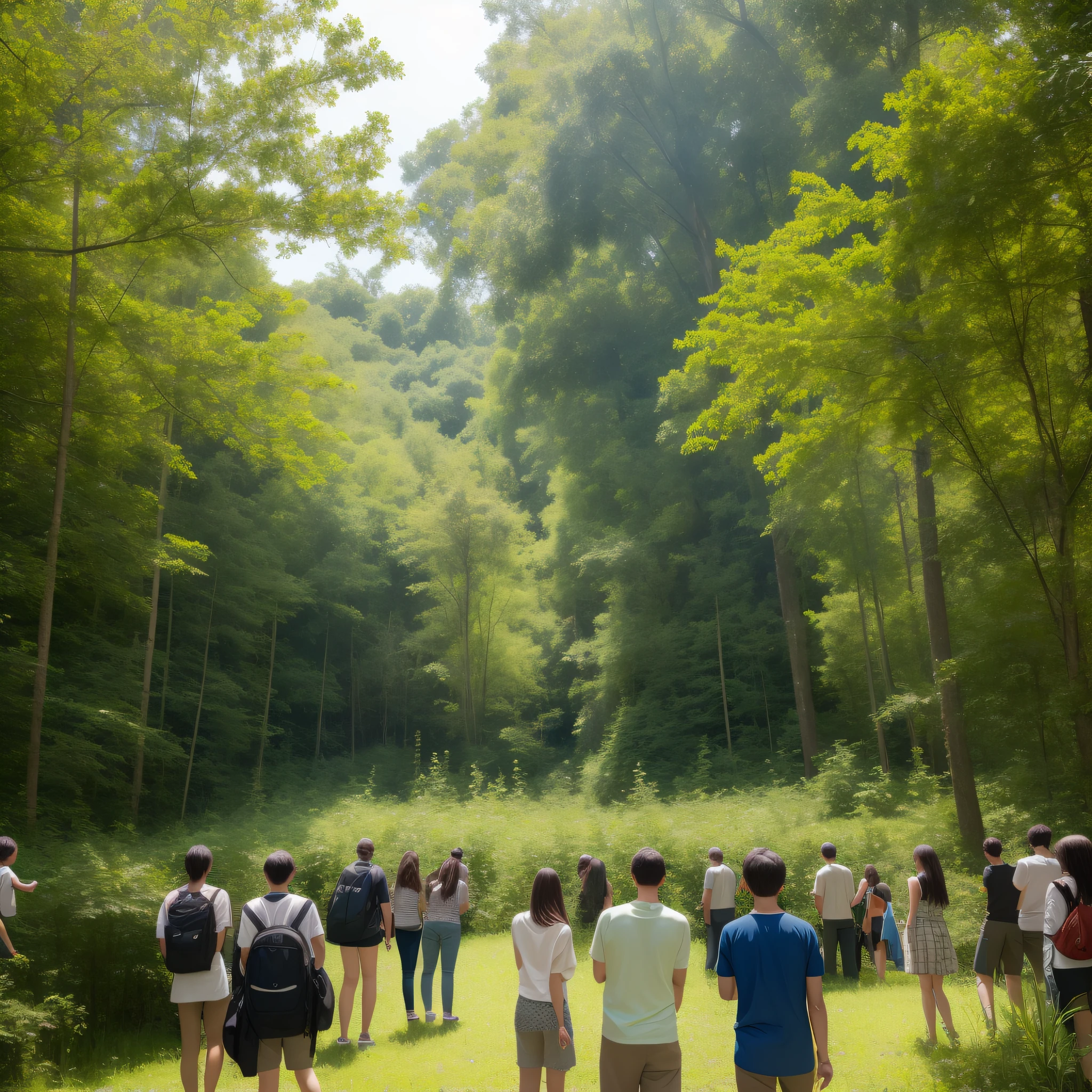 (group of people:0.9) in a lush forest, captivated
