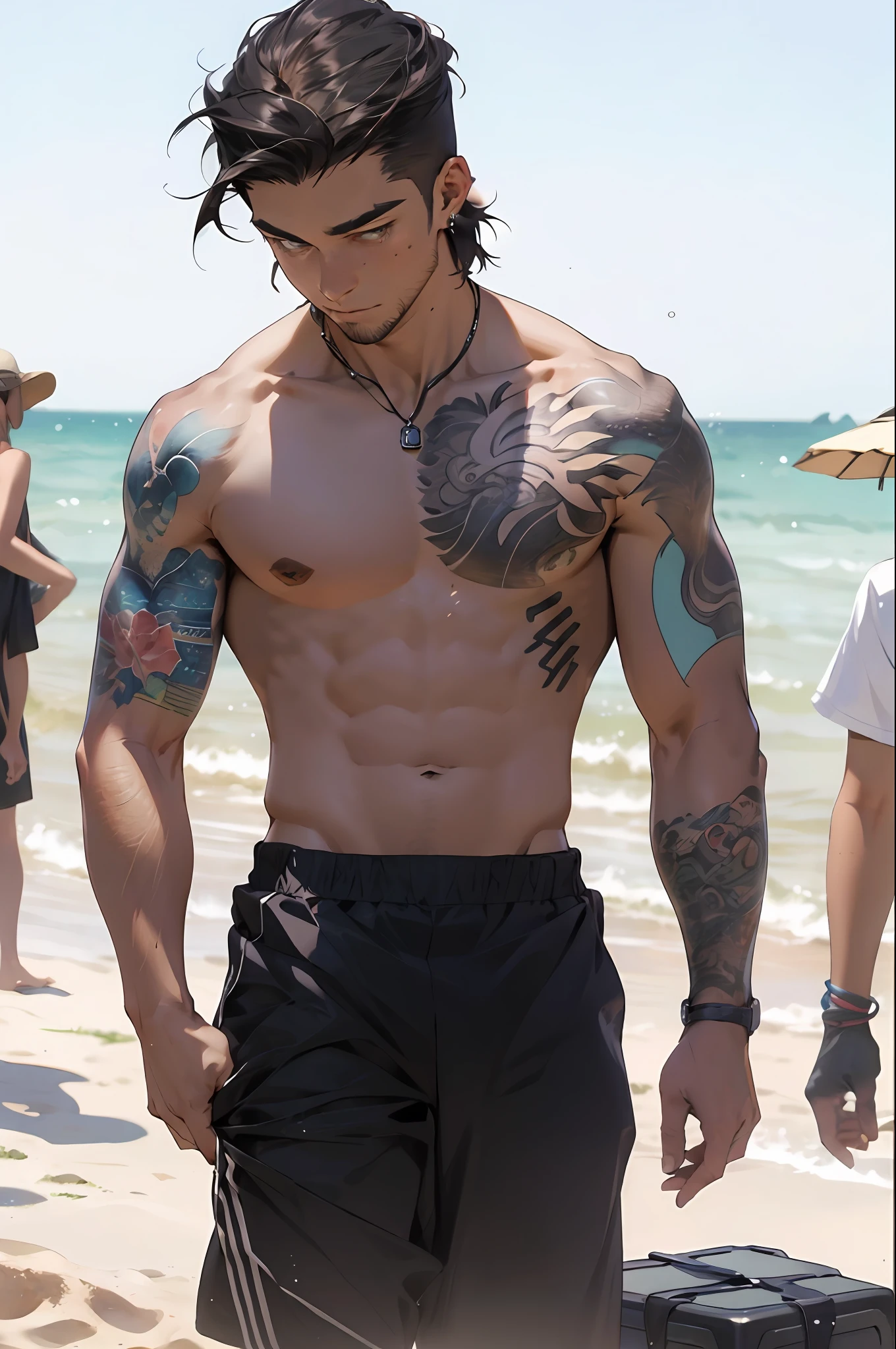 Realista, (obra-prima, qualidade superior, melhor qualidade, arte oficial), muito detalhado, colorido, mais detalhado, deuses, cabelo curto, cabelo preto, homem bonito, mar, colar, praia, peitorais, abdominais, beach pants, cabelo cacheado, tatuagens